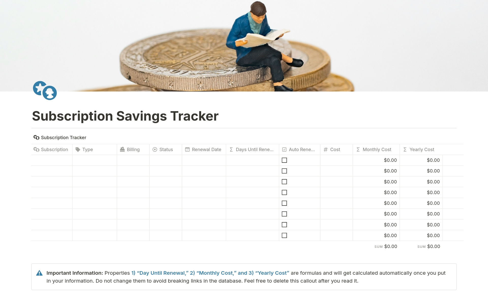En forhåndsvisning av mal for Subscription Savings Tracker