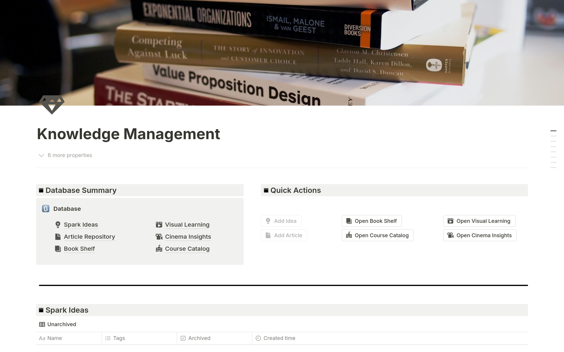 This template aims to help you efficiently organize and manage various types of knowledge resources, including inspirations, articles, books, videos, movies, and courses. 
