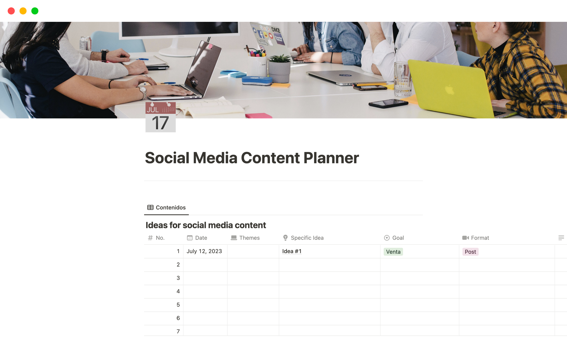 Uma prévia do modelo para Social Media Content Planner