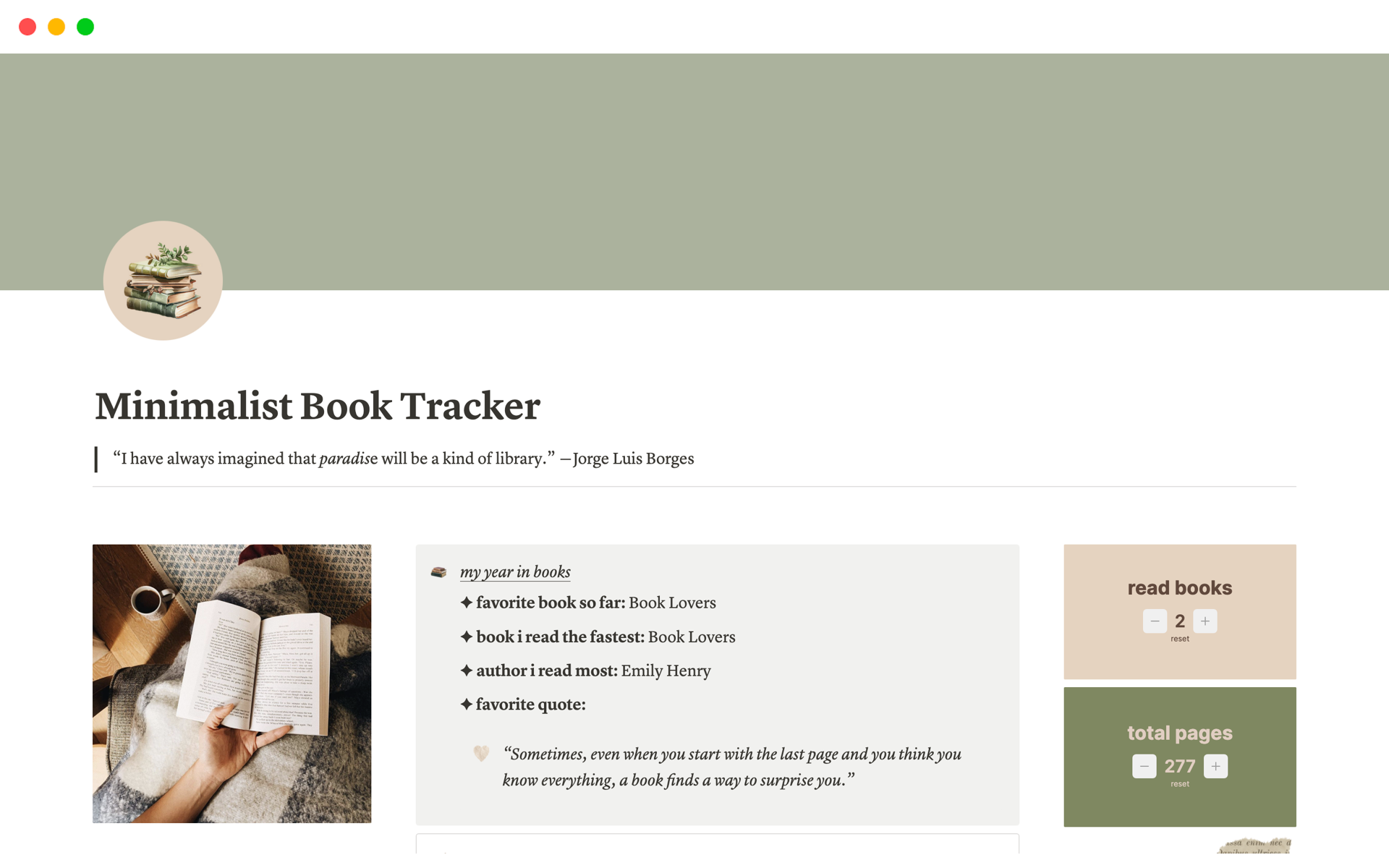 En förhandsgranskning av mallen för Minimalist Book Tracker