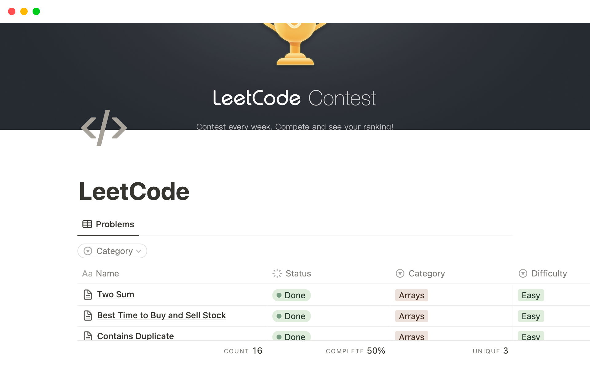 En förhandsgranskning av mallen för LeetCode Study Note