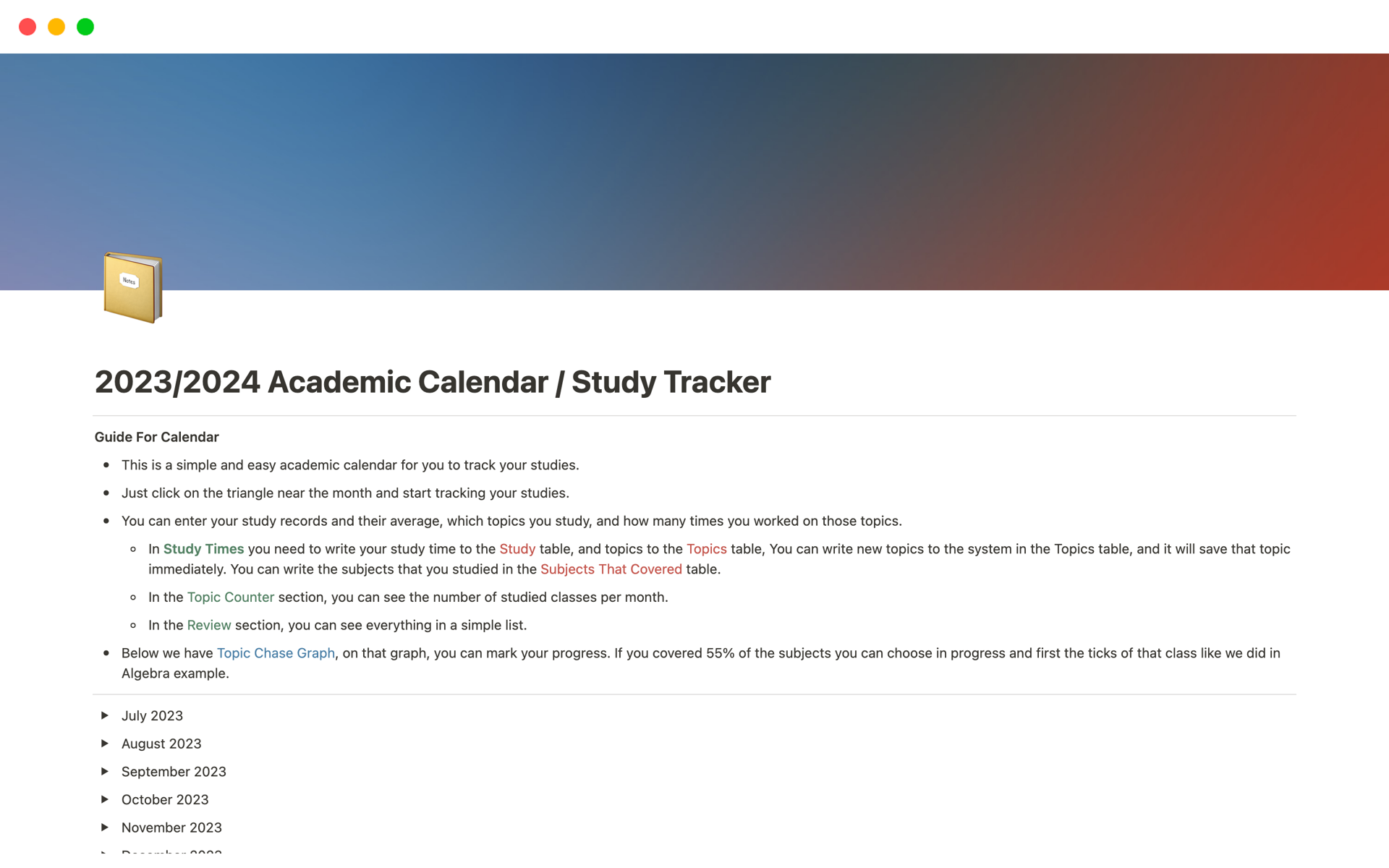 Vista previa de una plantilla para 2023/2024 Academic Calendar / Study Tracker