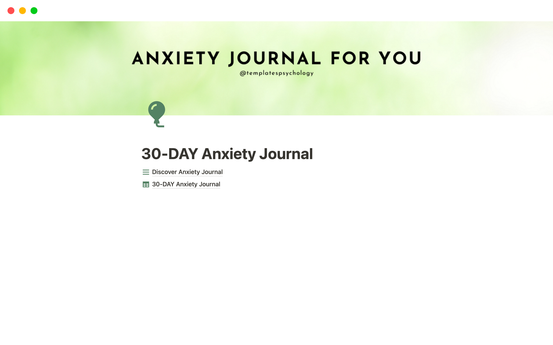 En forhåndsvisning av mal for 30-DAY Anxiety Journal
