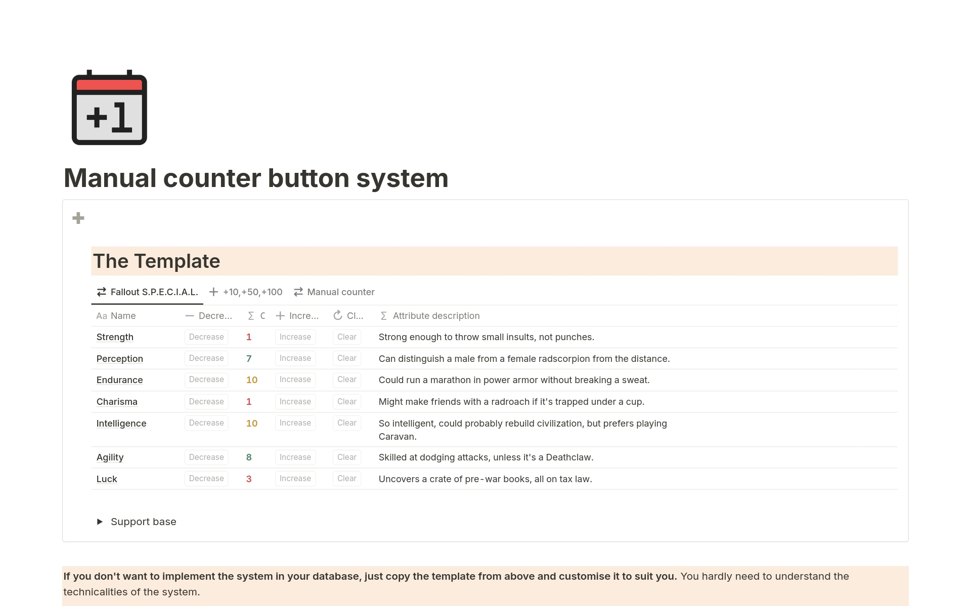 Manual Counter Button System is a template that includes a pre-configured manual counter and guides on how to modify and adapt it. It's useful for those who prefer manually adding values using buttons.