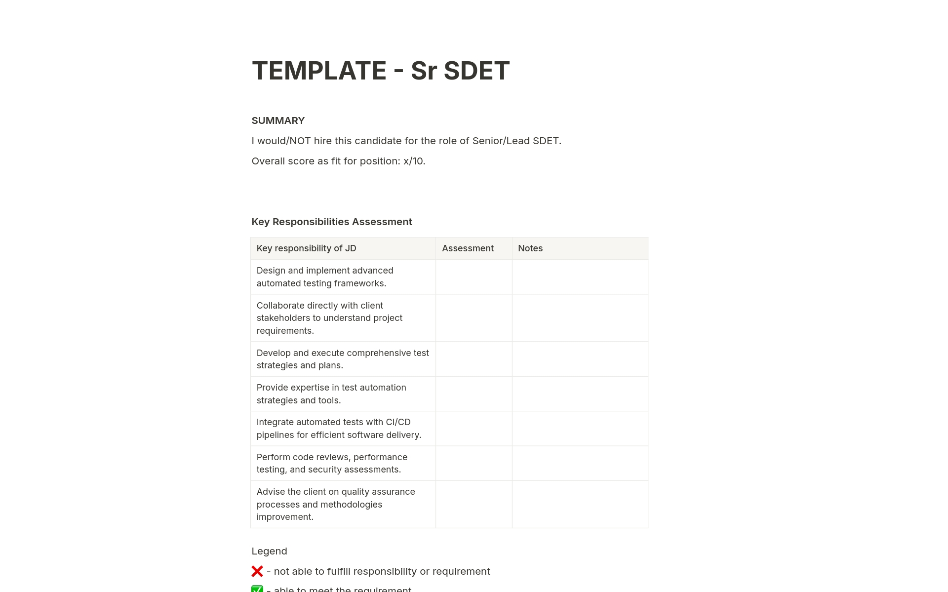 Feedback form for Sr SDET candidate notes
