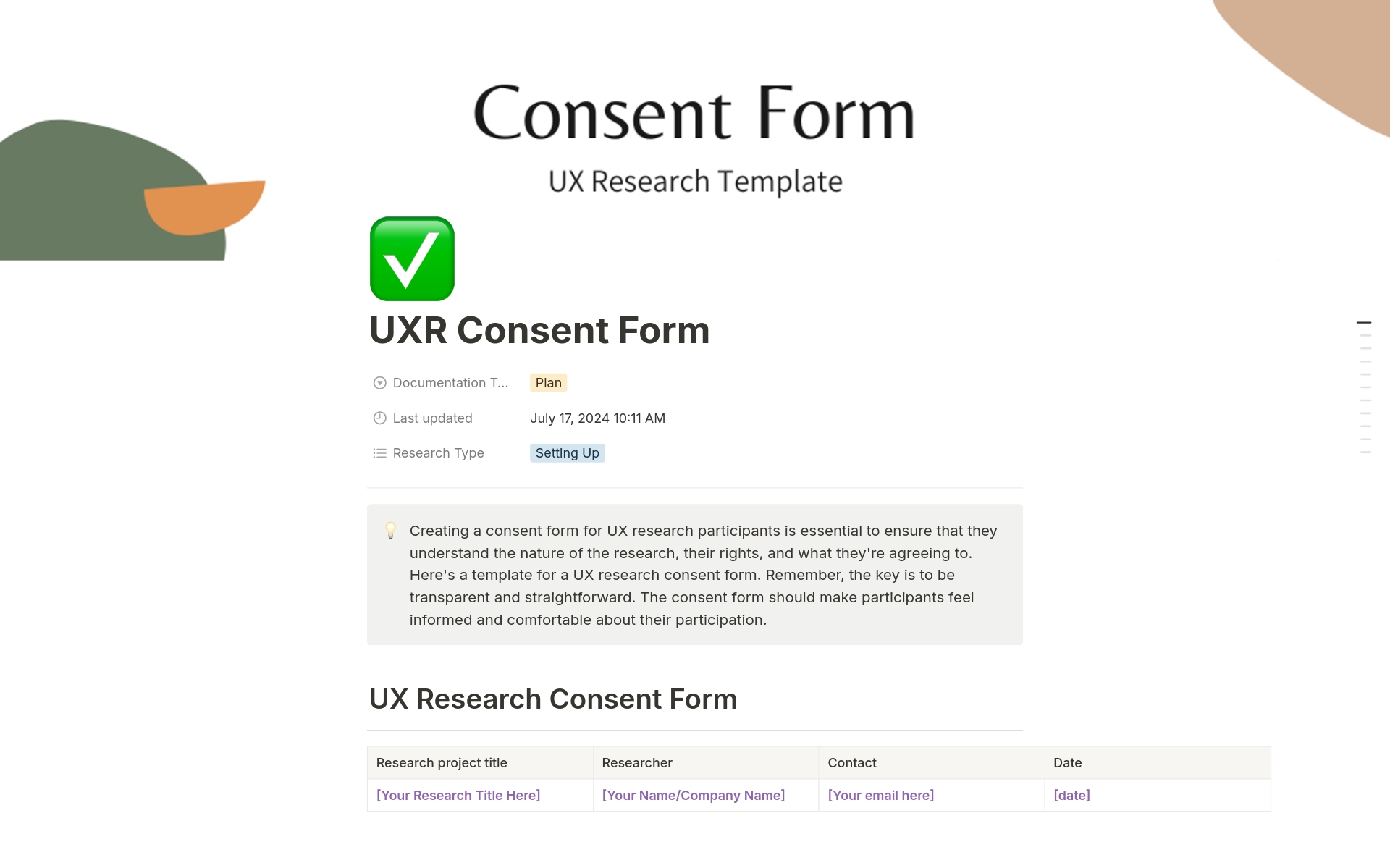 A template preview for Consent form for UX Research