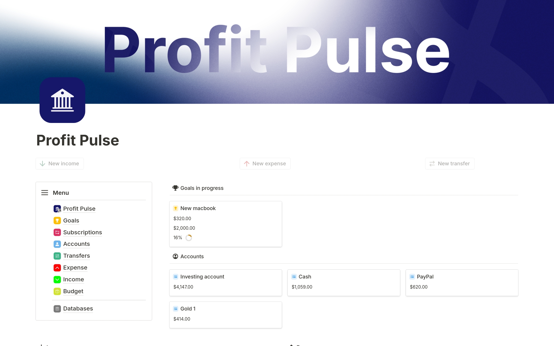 Introducing Profit Pulse: a comprehensive Notion template for effortless financial management. User-friendly interface, powerful engine, seamless integration—simplifies budgeting, income tracking, and expense management. Automate everything with custom design and unique icons. 