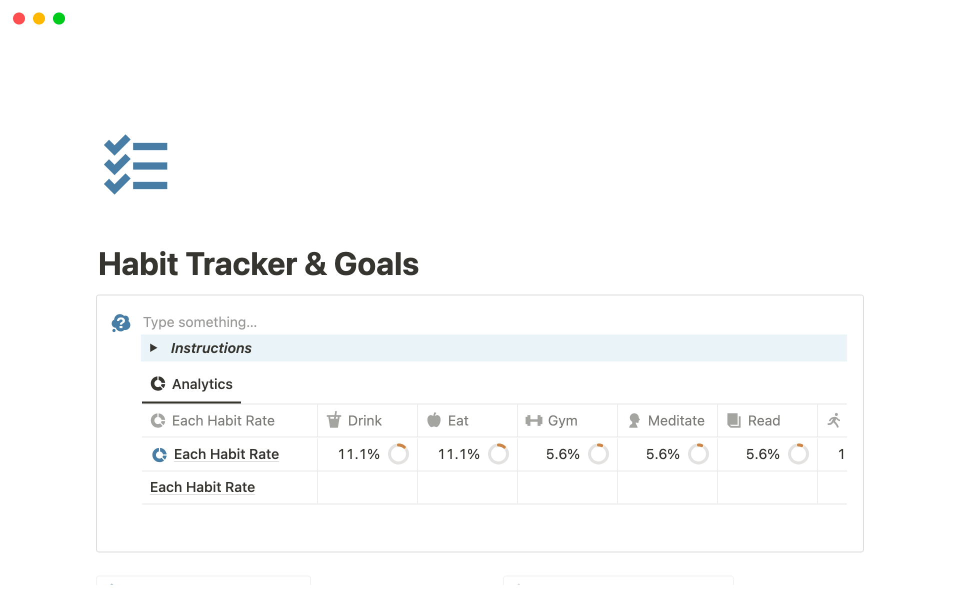 En forhåndsvisning av mal for Habit Tracker & Goals