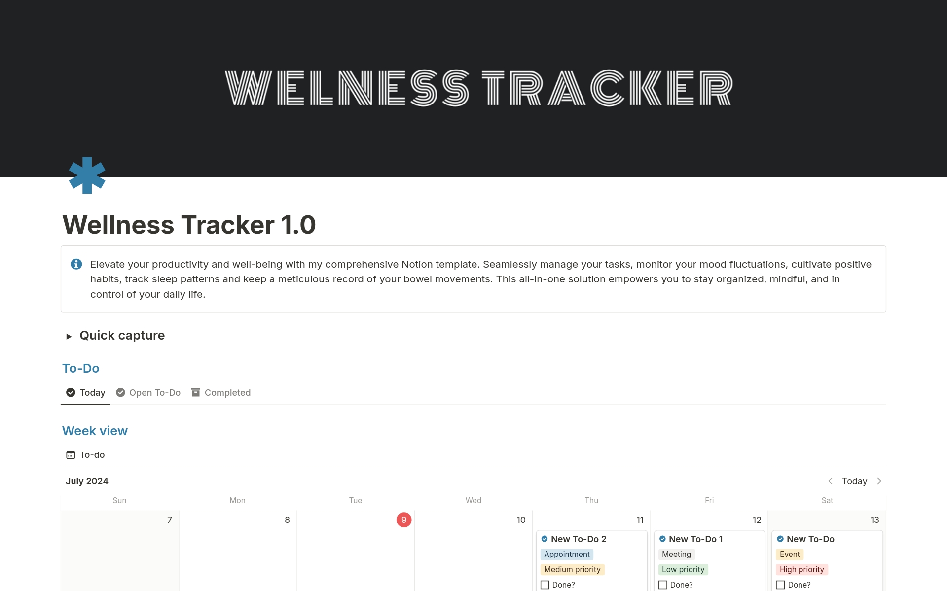A template preview for Wellness tracker
