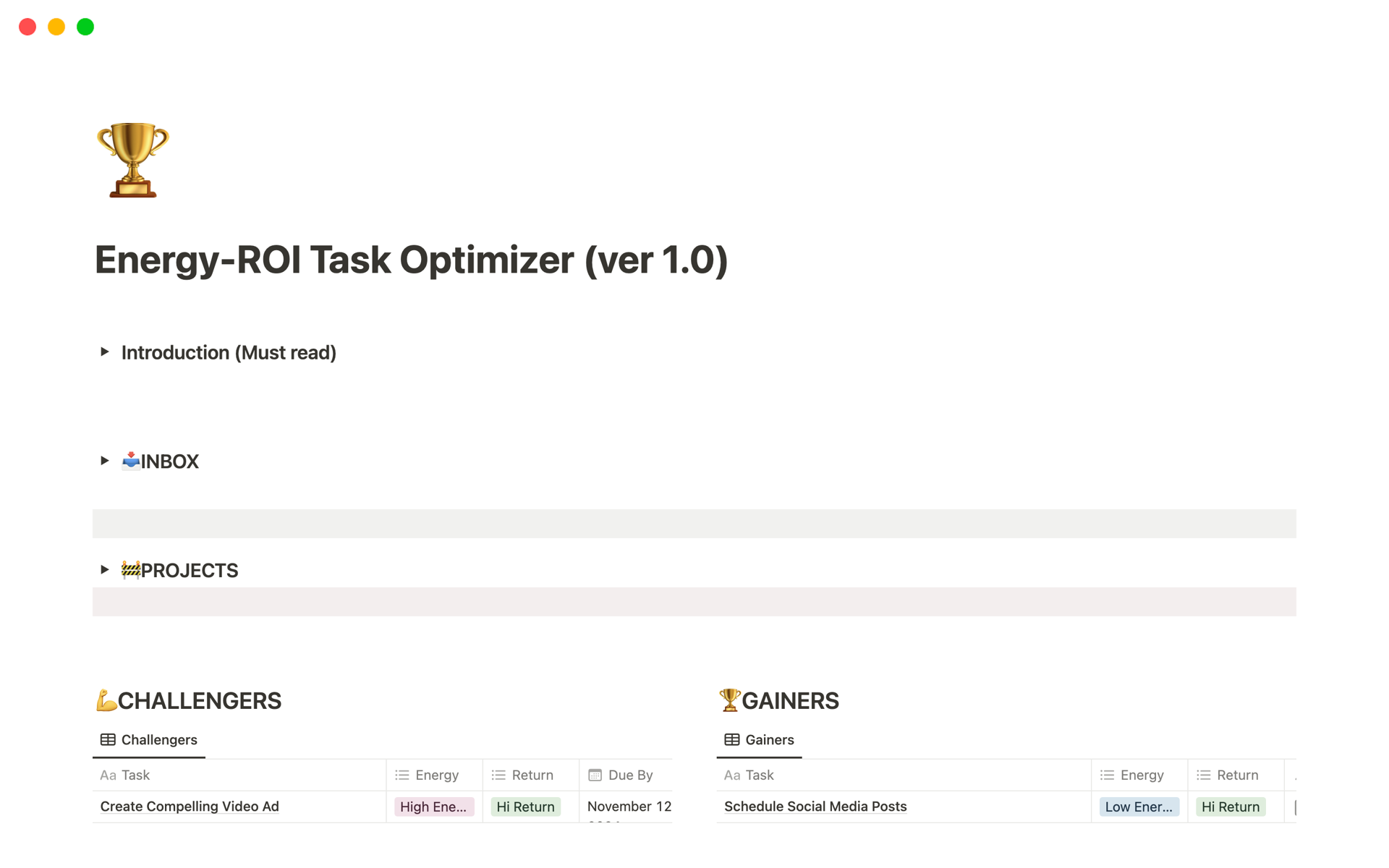 A template preview for Energy-ROI Task Optimizer (ver 1.0)