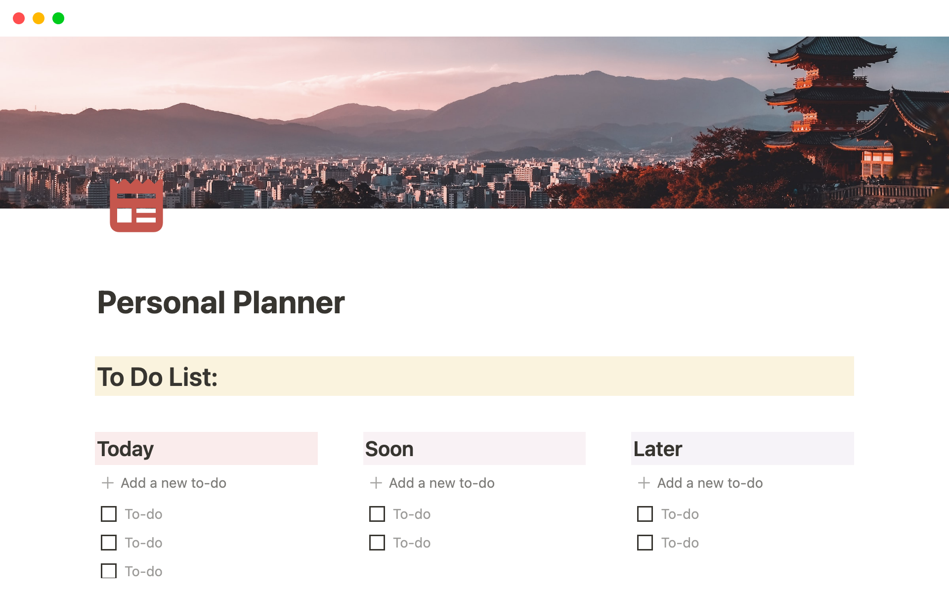 En förhandsgranskning av mallen för Notion Personal Planner Template