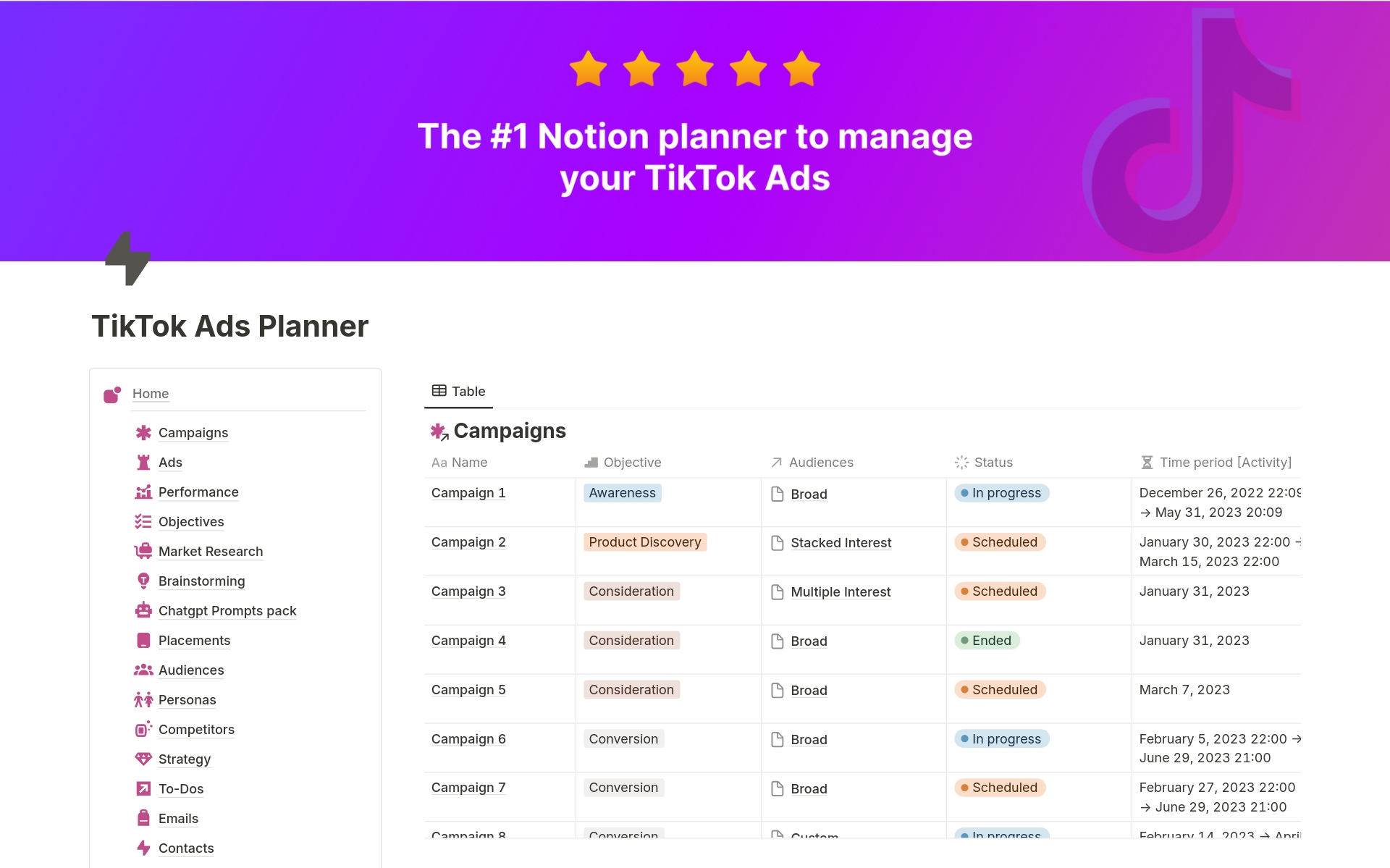 Vista previa de una plantilla para TikTok Ads Planner