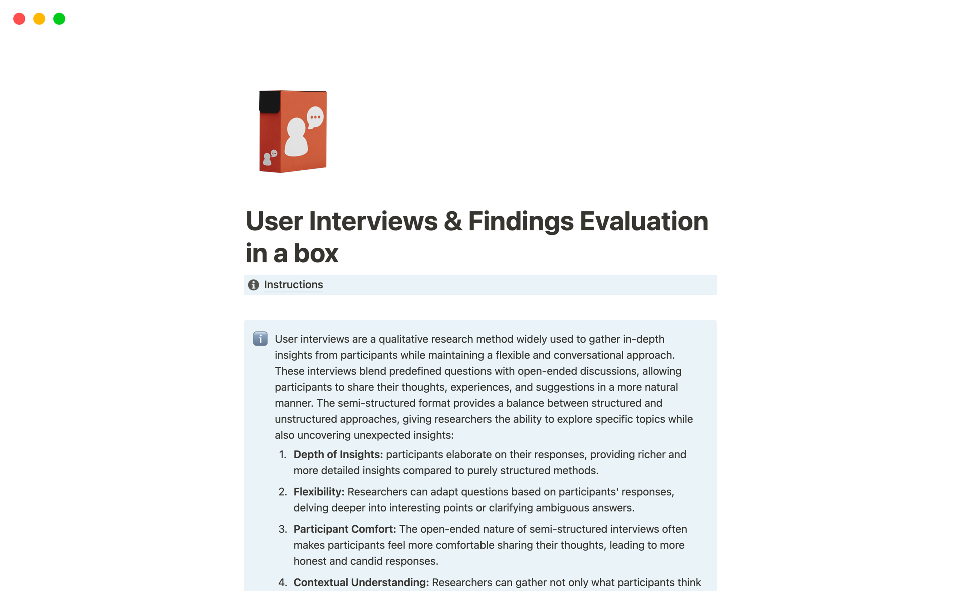 En förhandsgranskning av mallen för User Interviews & Findings Evaluation in a box