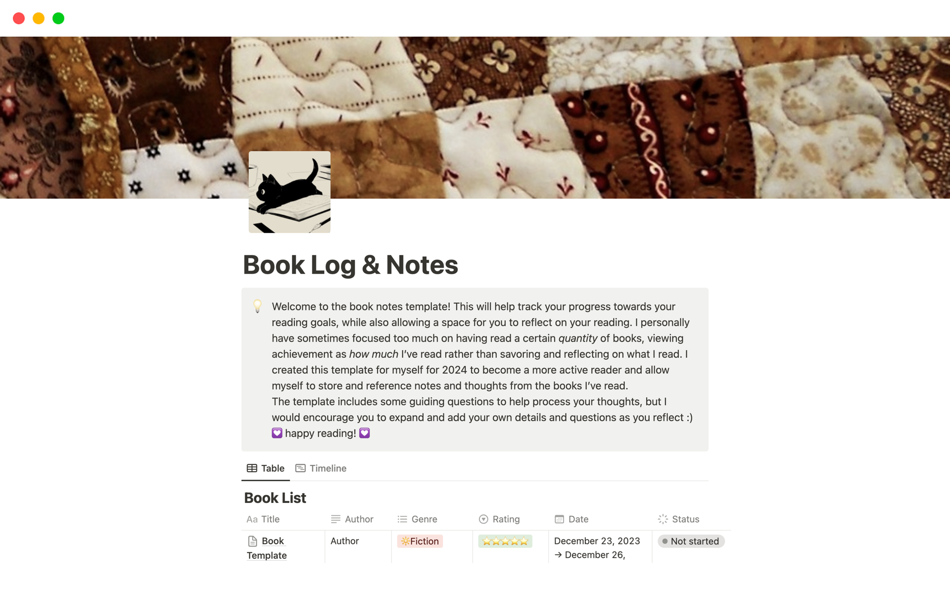 En förhandsgranskning av mallen för Book Log & Notes