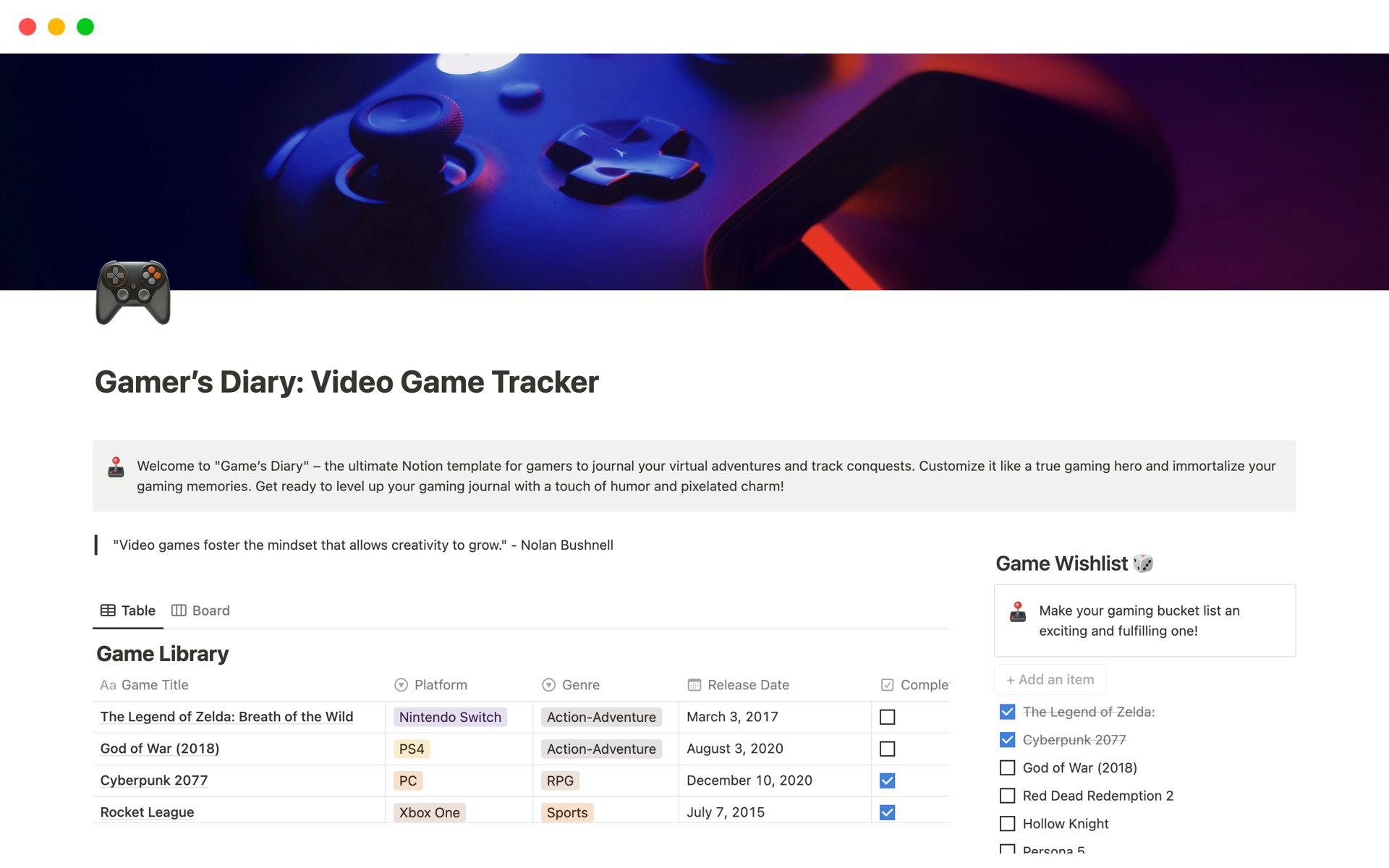 En förhandsgranskning av mallen för Gamer’s Diary: Video Game Tracker