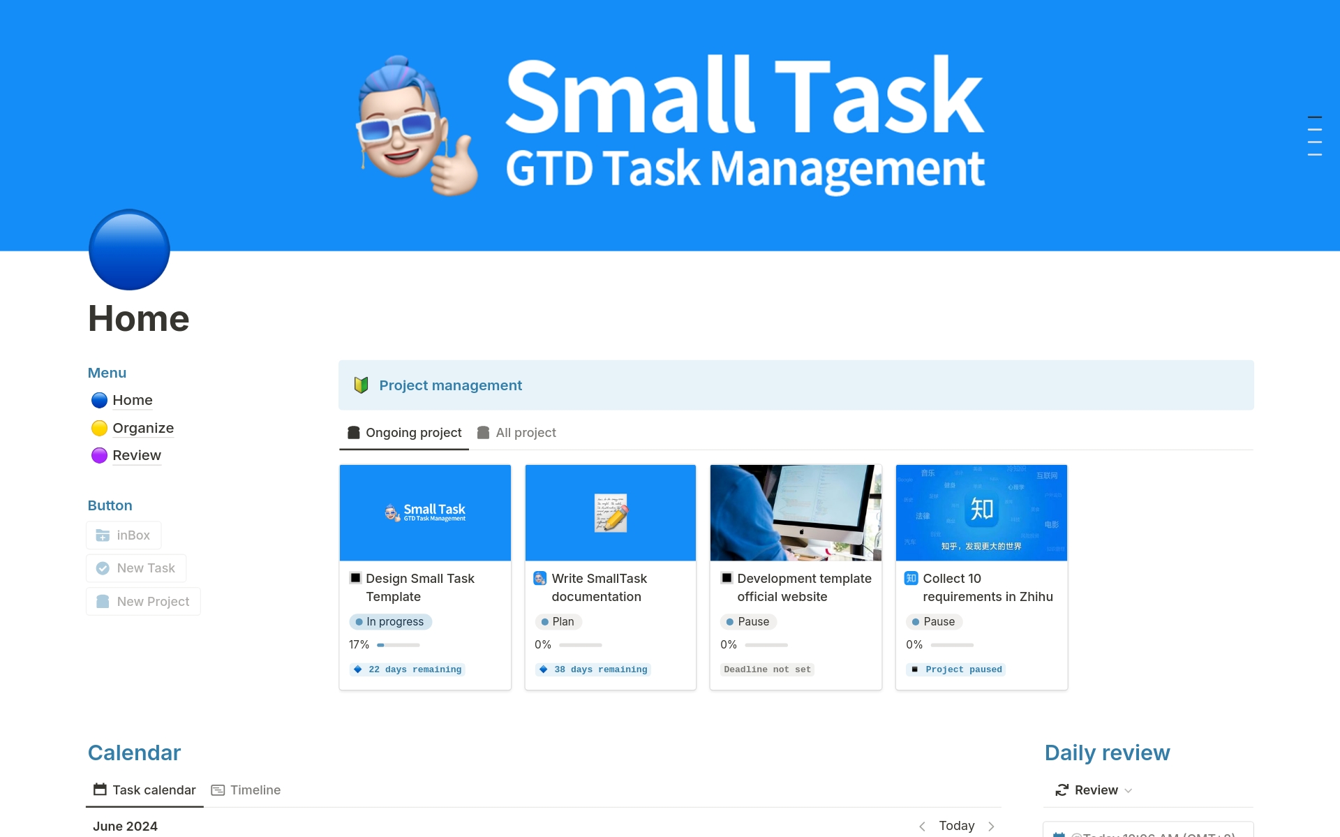 En förhandsgranskning av mallen för Small Task, GTD Task Management