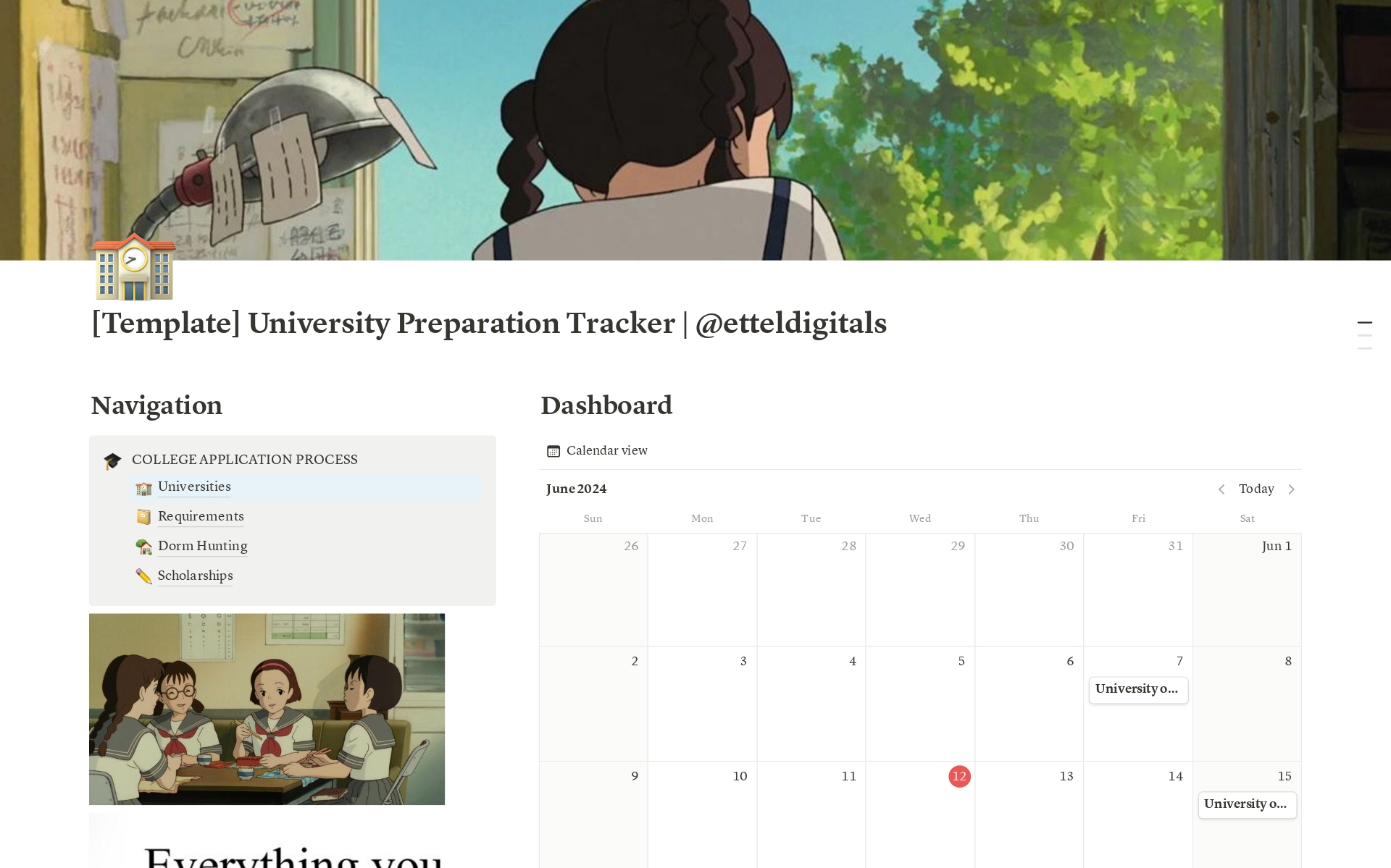 A template preview for University Preparation Tracker