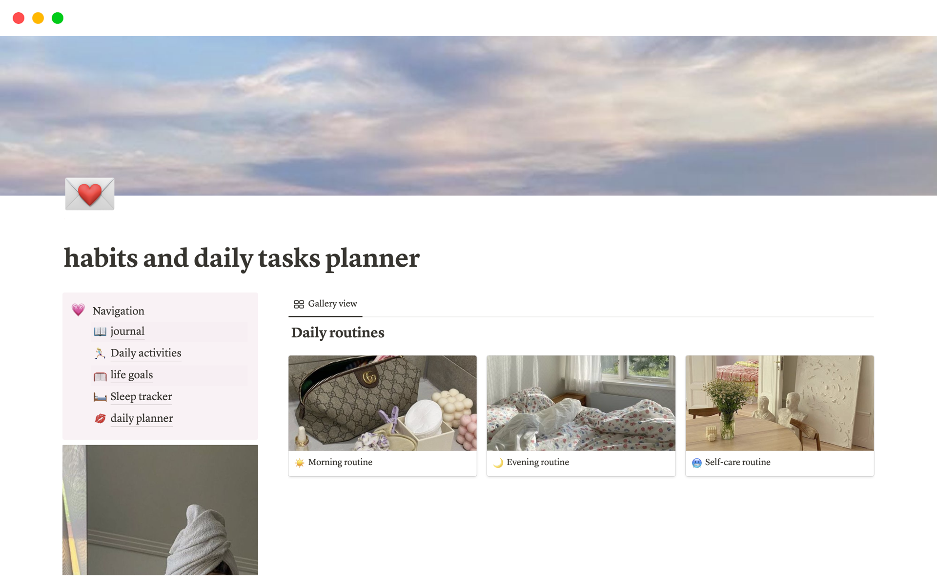 Vista previa de una plantilla para That Girl Aesthetic Habit Tracker + Daily Planner