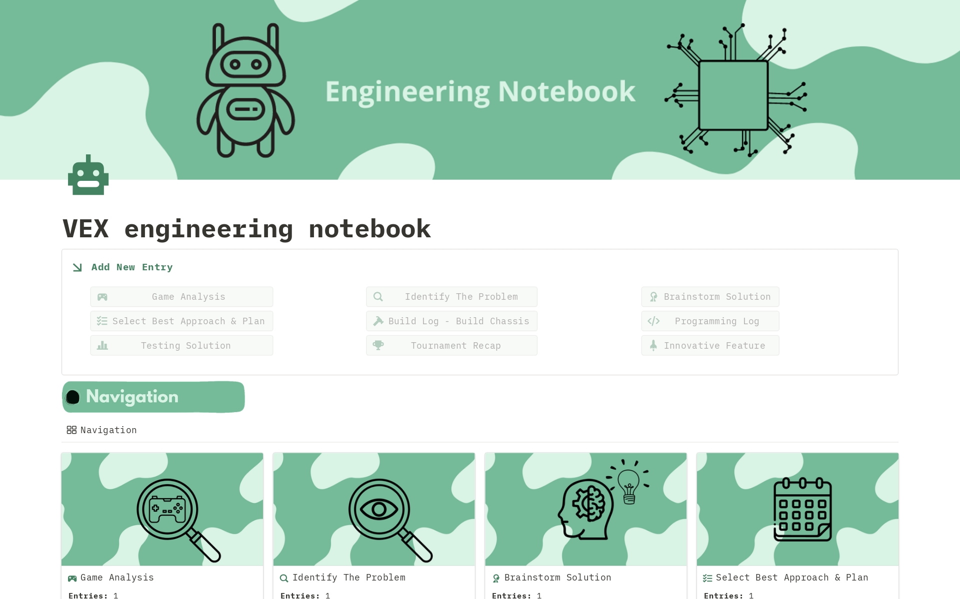 A template preview for VEX Engineering Notebook