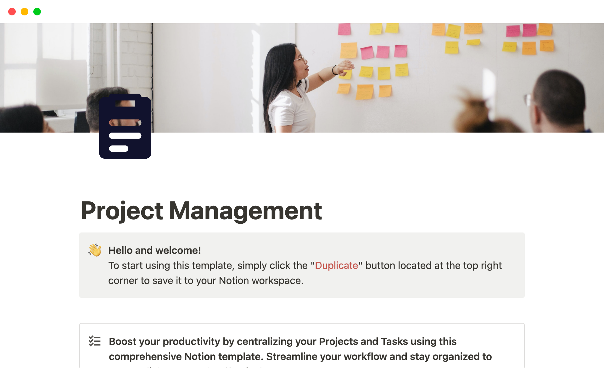Boost your productivity by centralizing your Projects and Tasks using this comprehensive Notion template