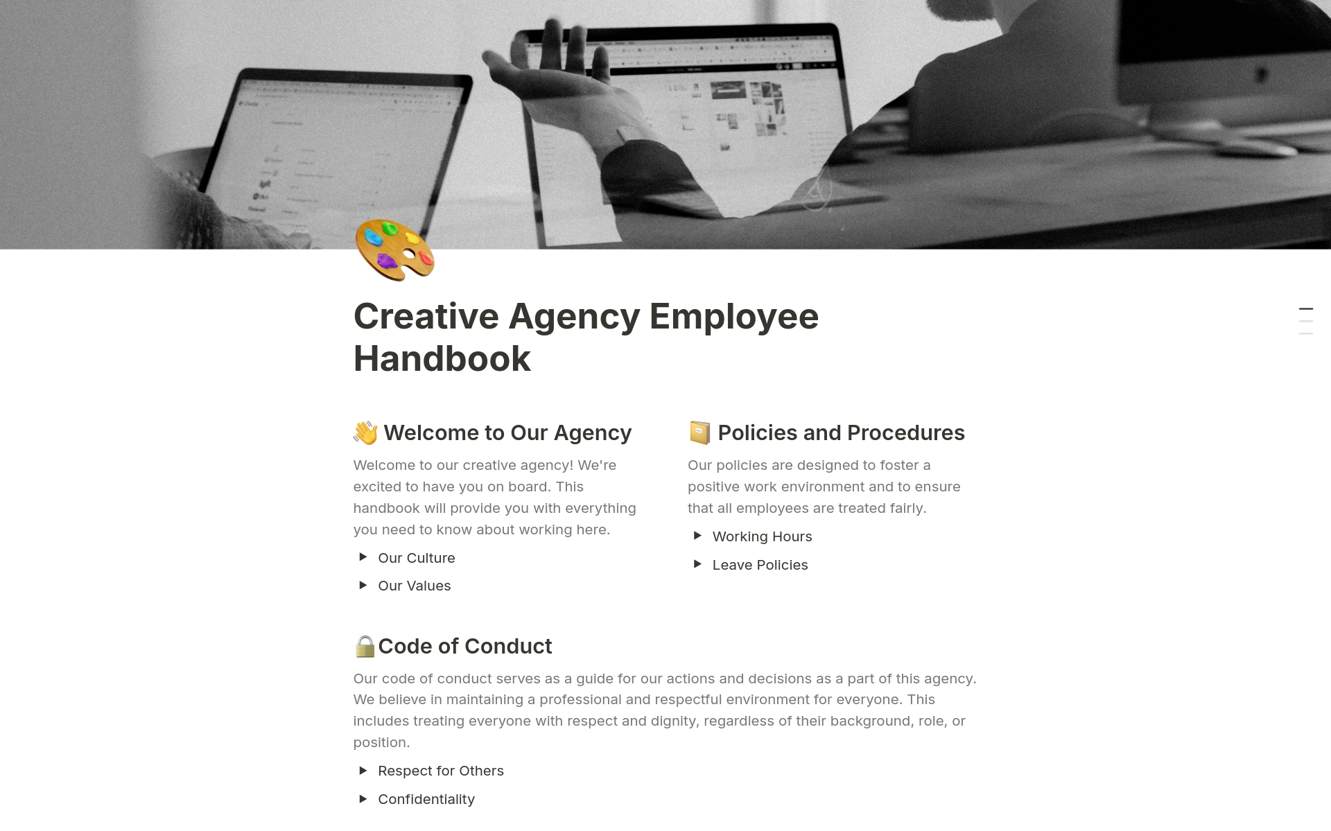 Essential handbook for creative agency employees, detailing creative processes, collaboration tools, and company culture.
