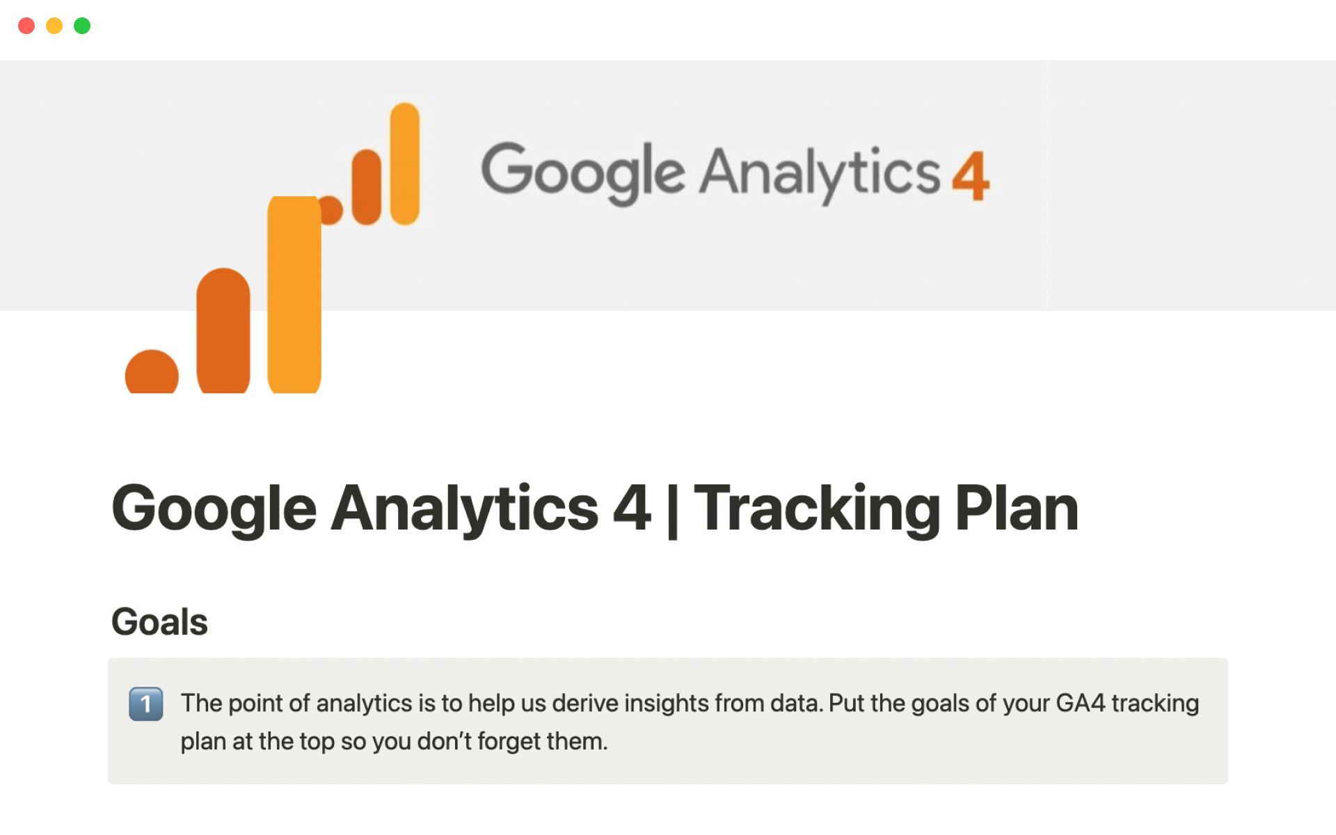 En forhåndsvisning av mal for Google Analytics 4 tracking plan