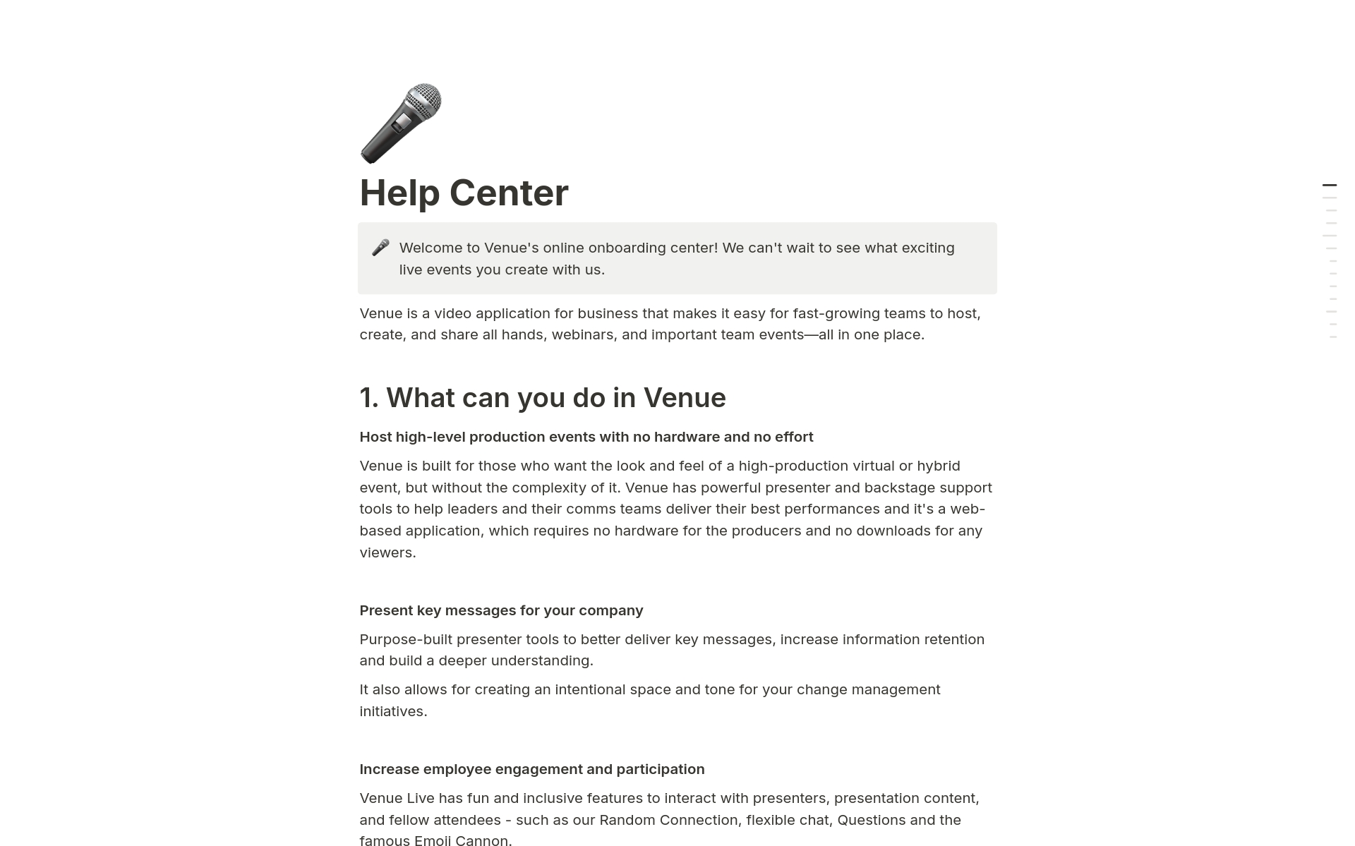 En förhandsgranskning av mallen för Venue's Help Center