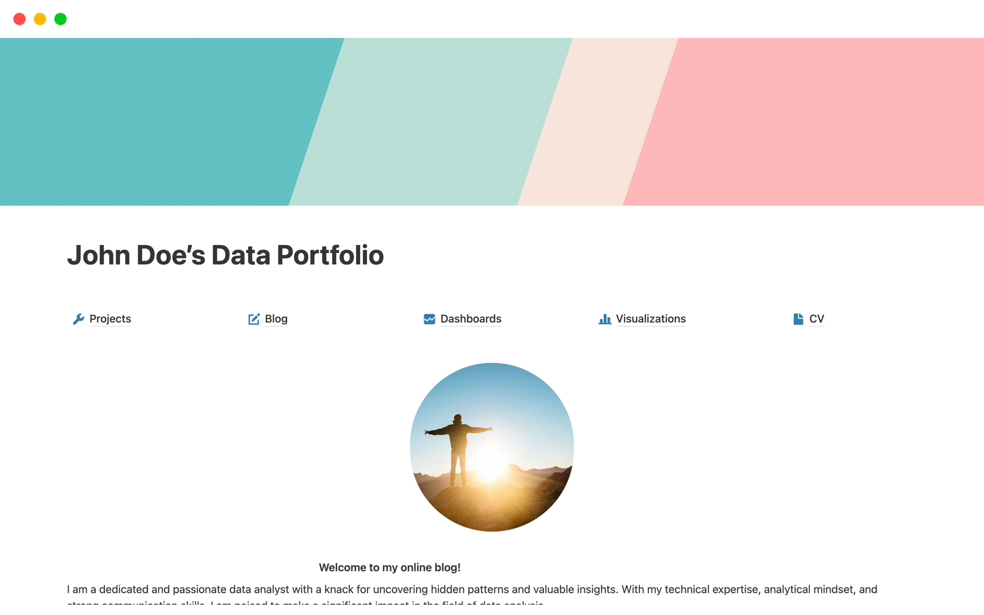 En forhåndsvisning av mal for Data Analyst Portfolio