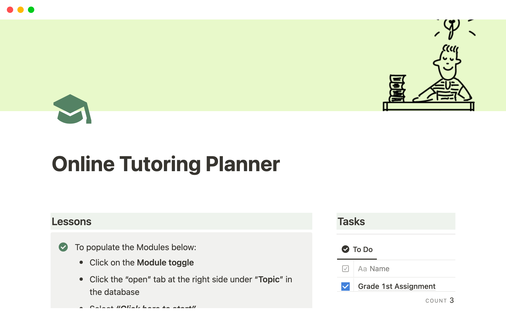 Vista previa de una plantilla para Online Tutoring Planner