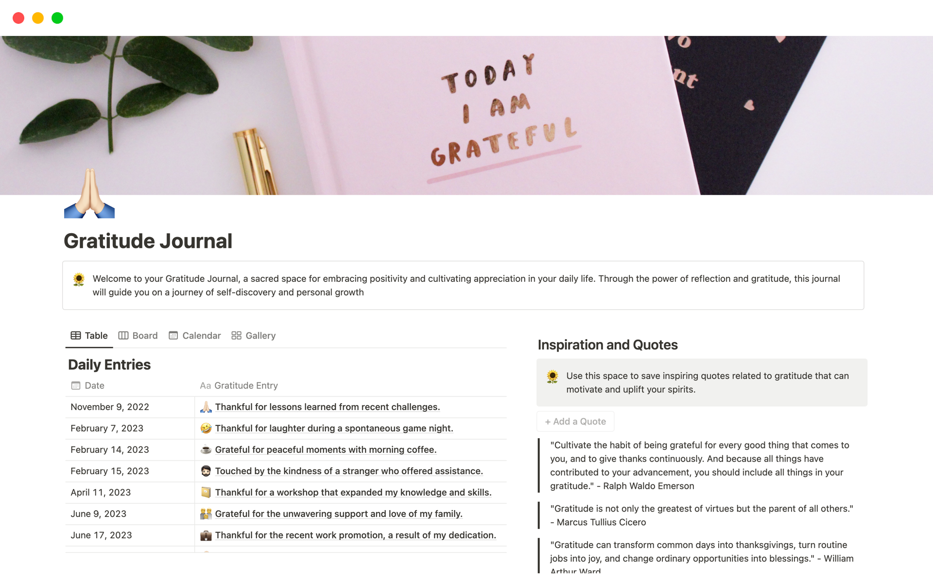 En förhandsgranskning av mallen för Gratitude Journal