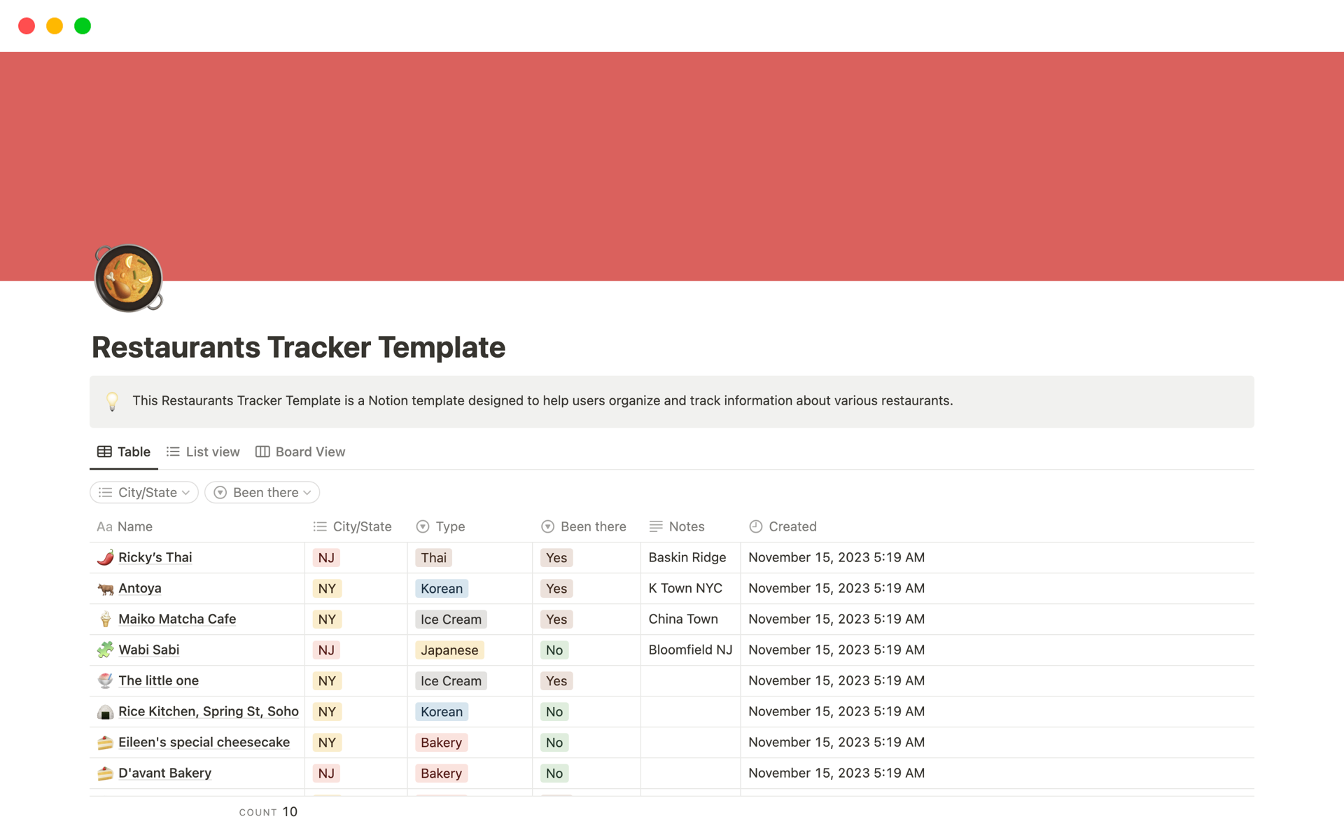 The Restaurants Management Template is a Notion template designed to help users organize and track information about various restaurants.