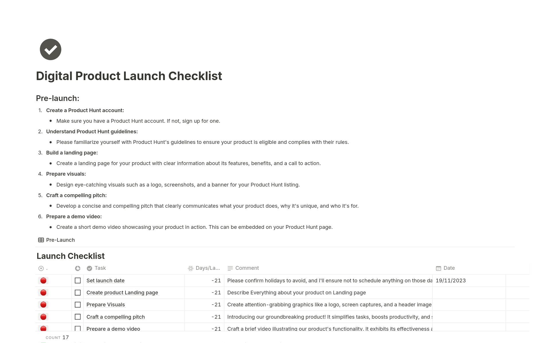 En förhandsgranskning av mallen för Digital Product Launch Checklist