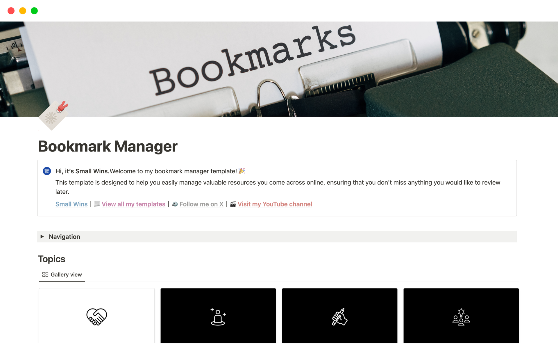 A template preview for Bookmark Manager