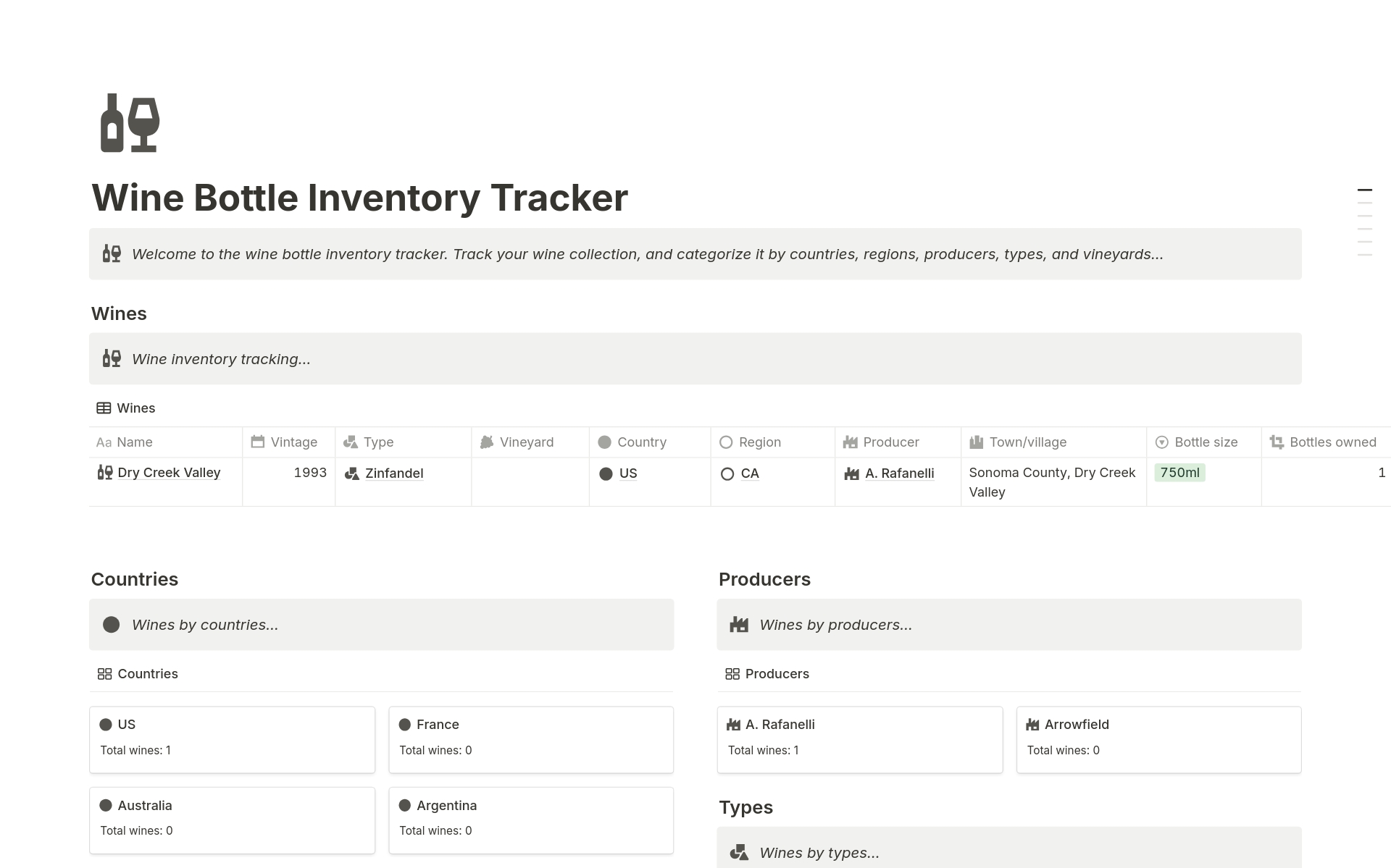En förhandsgranskning av mallen för Wine Bottle Inventory Tracker