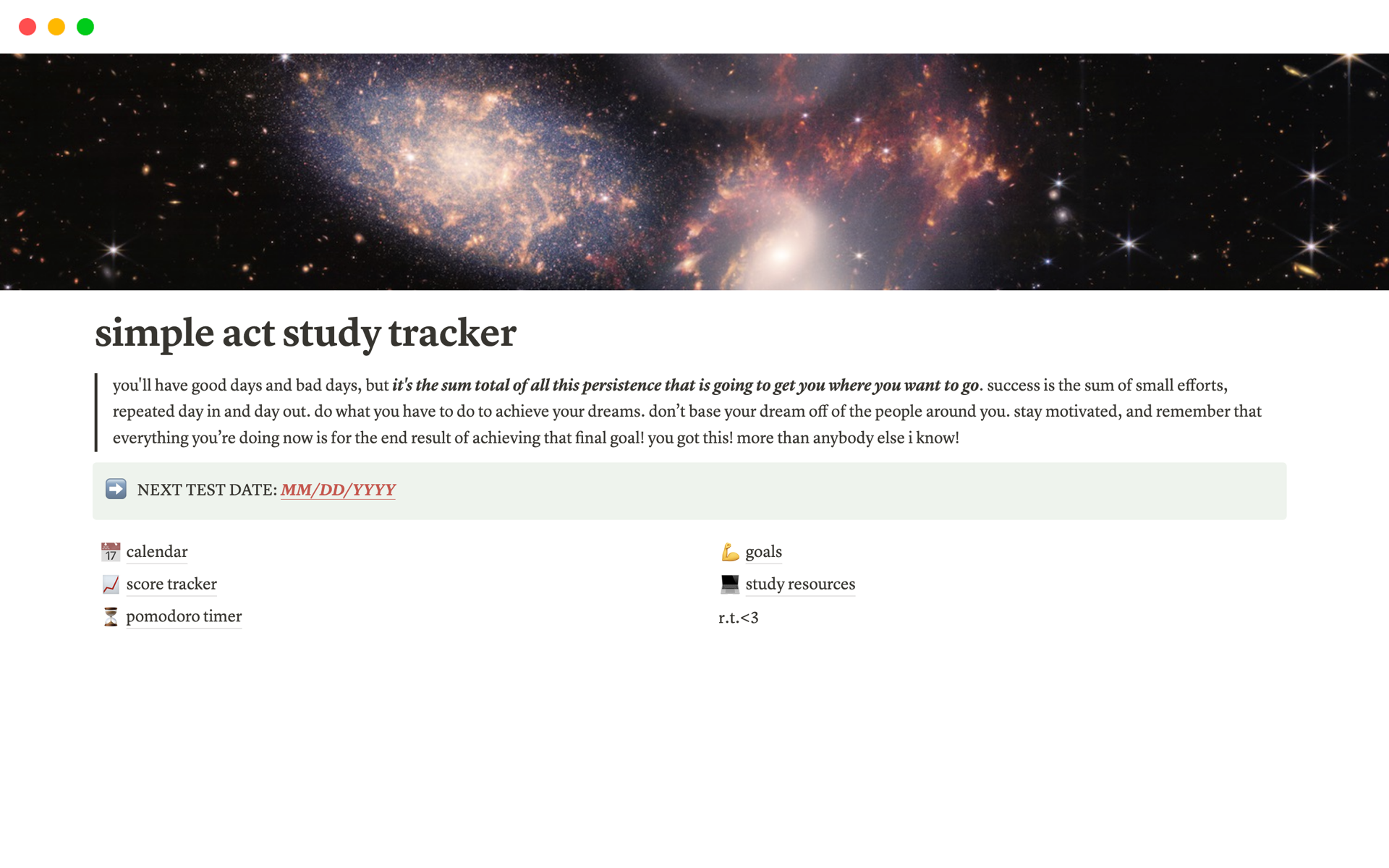 Vista previa de plantilla para simple act study tracker