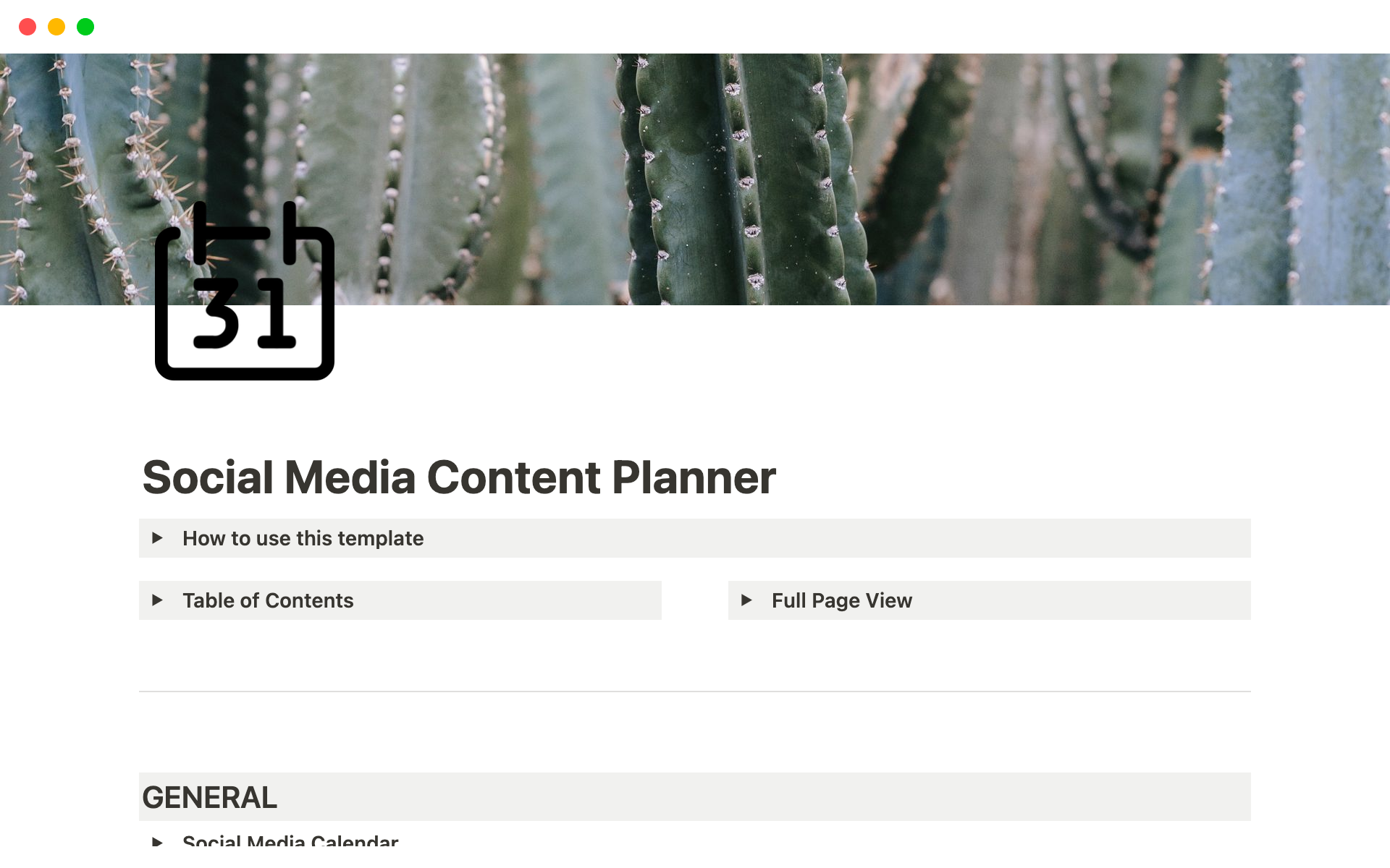En förhandsgranskning av mallen för Notion Social Media Content Planner | Youtube | Newsletters | Instagram | Tik Tok