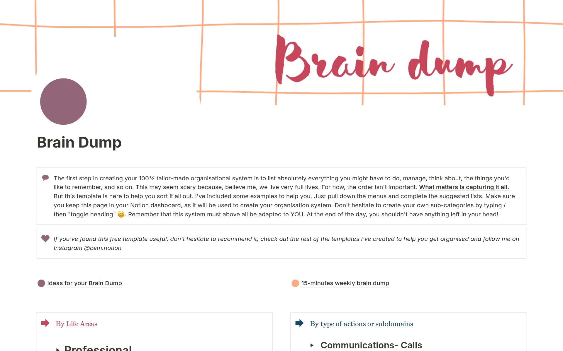 A template preview for Brain Dump