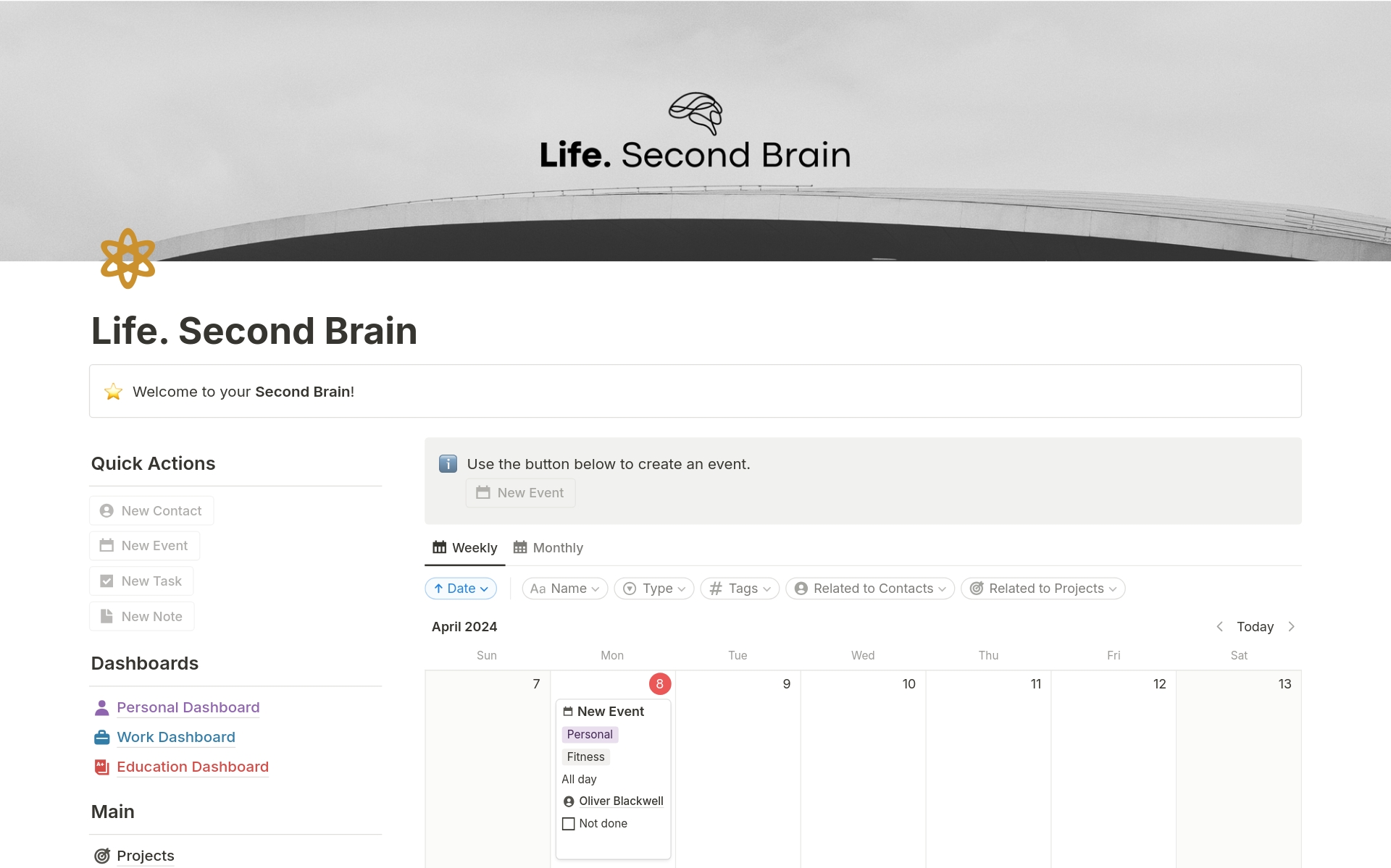 A template preview for Life. Second Brain (modular life manager)