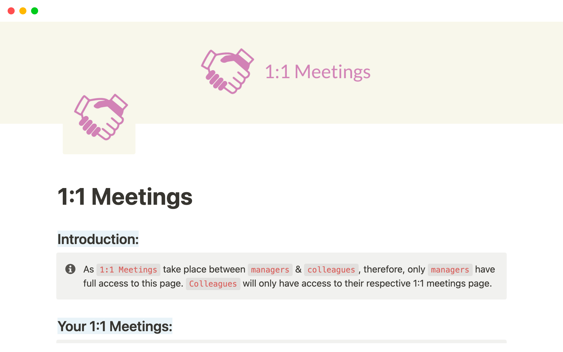 Uma prévia do modelo para 1:1 Meetings