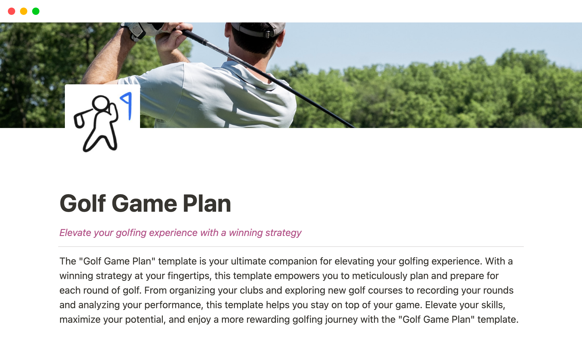 En forhåndsvisning av mal for Golf Game Plan