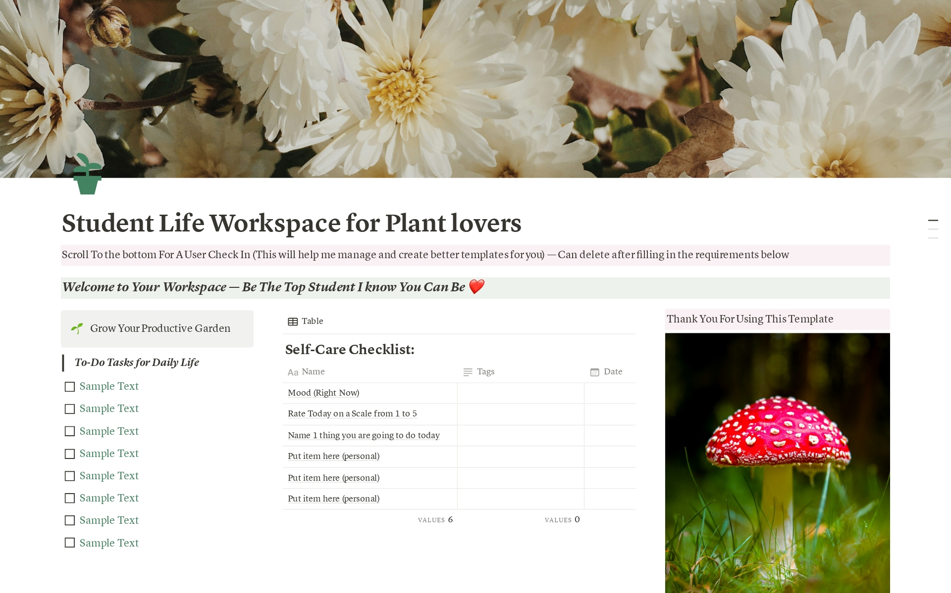 A template preview for Student Life Workspace For Plant Lovers