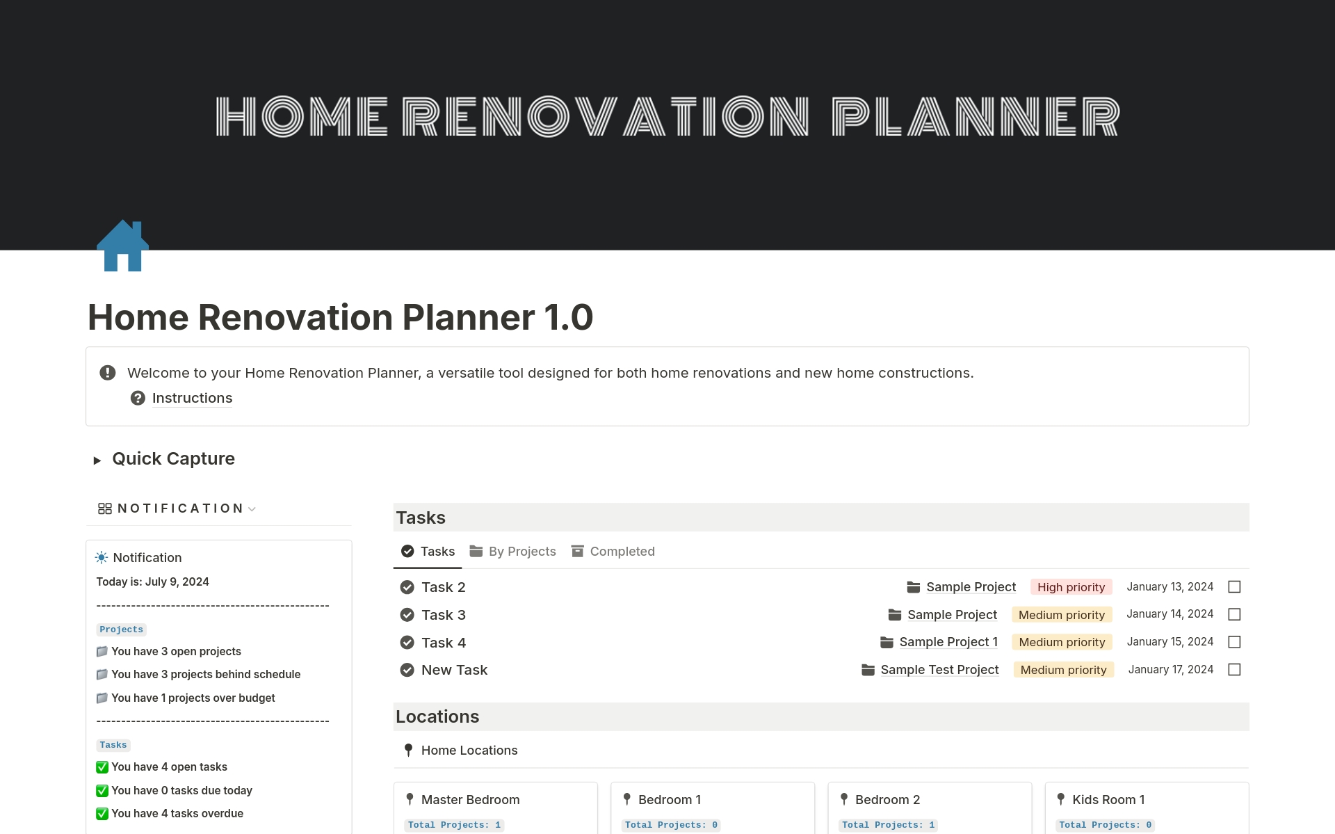 A template preview for Home renovation planner