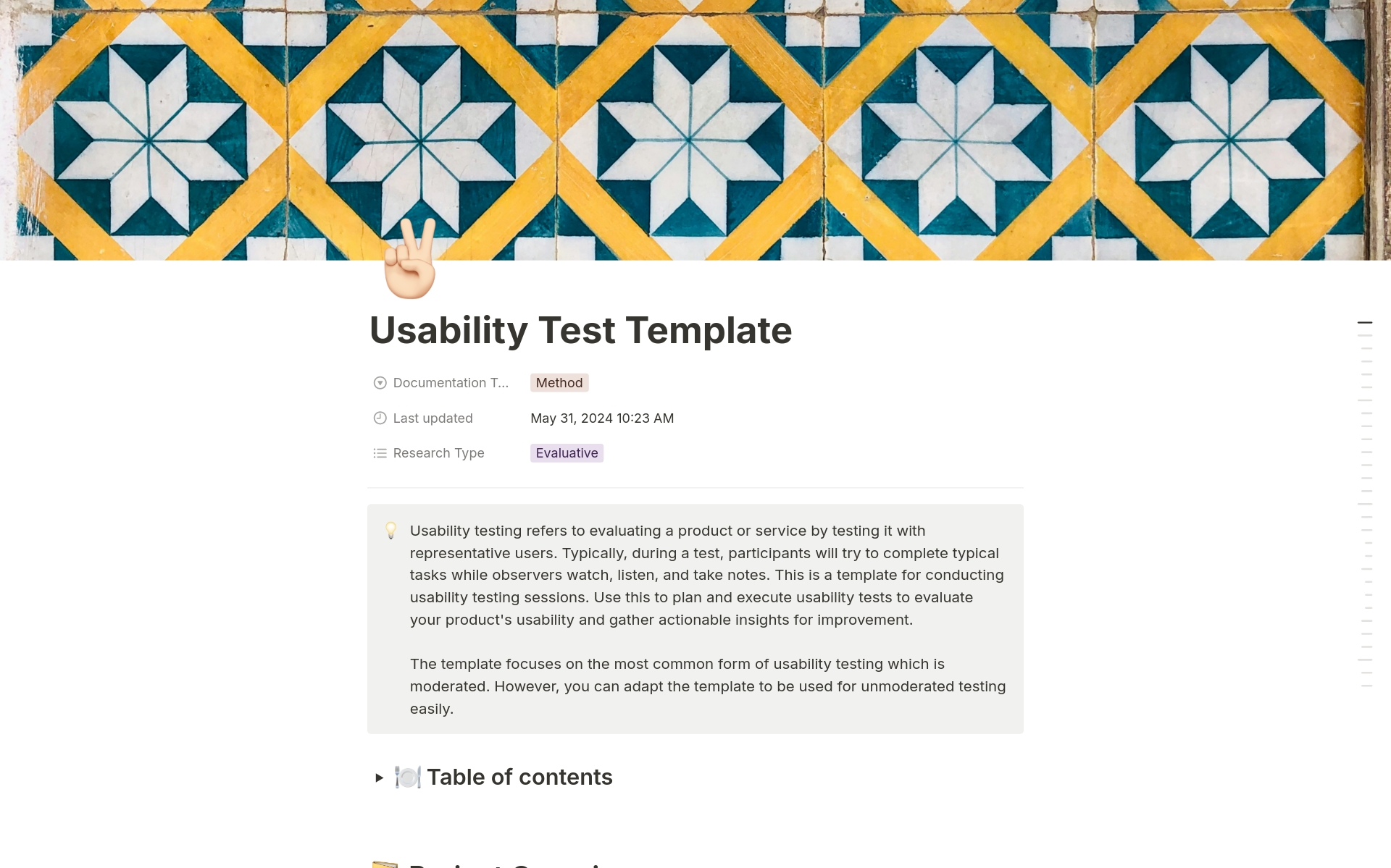 UX Research Usability Testing Template

Plan, organise and analyse usability testing with this Notion template focusing on setting up, test script, test scenario's, analysis and formulating recommendations based on your research.