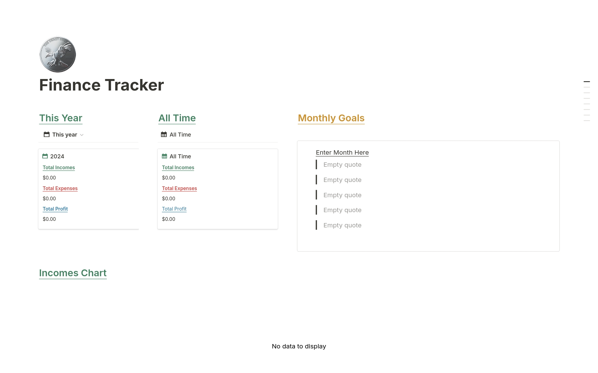 Mallin esikatselu nimelle Notion Finance Tracker