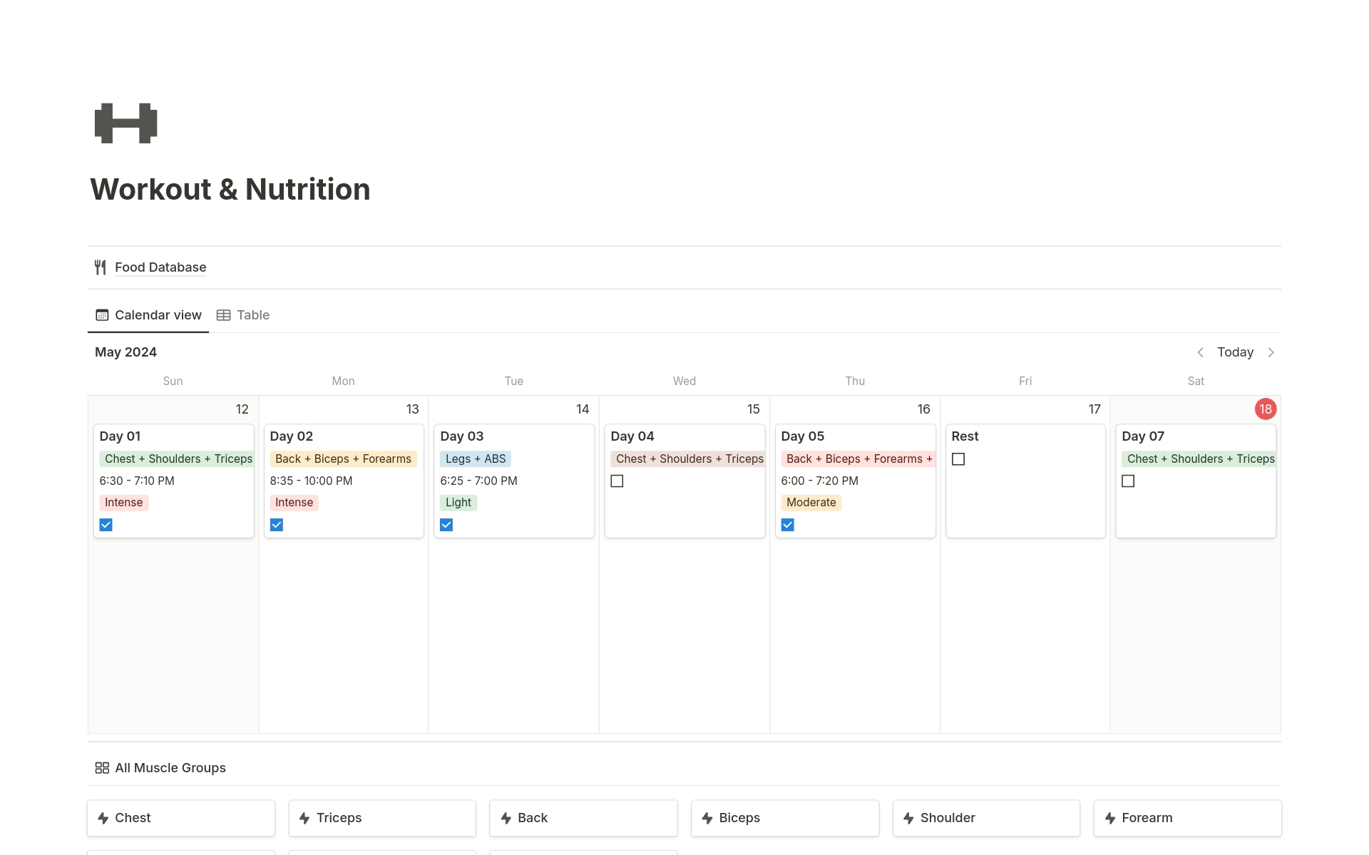 Vista previa de una plantilla para Workout & Nutrition Tracker