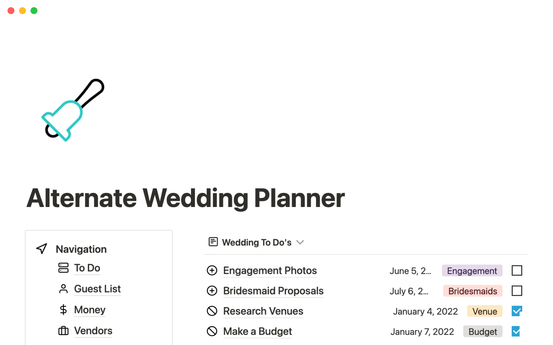 Vista previa de una plantilla para Alternate wedding planner