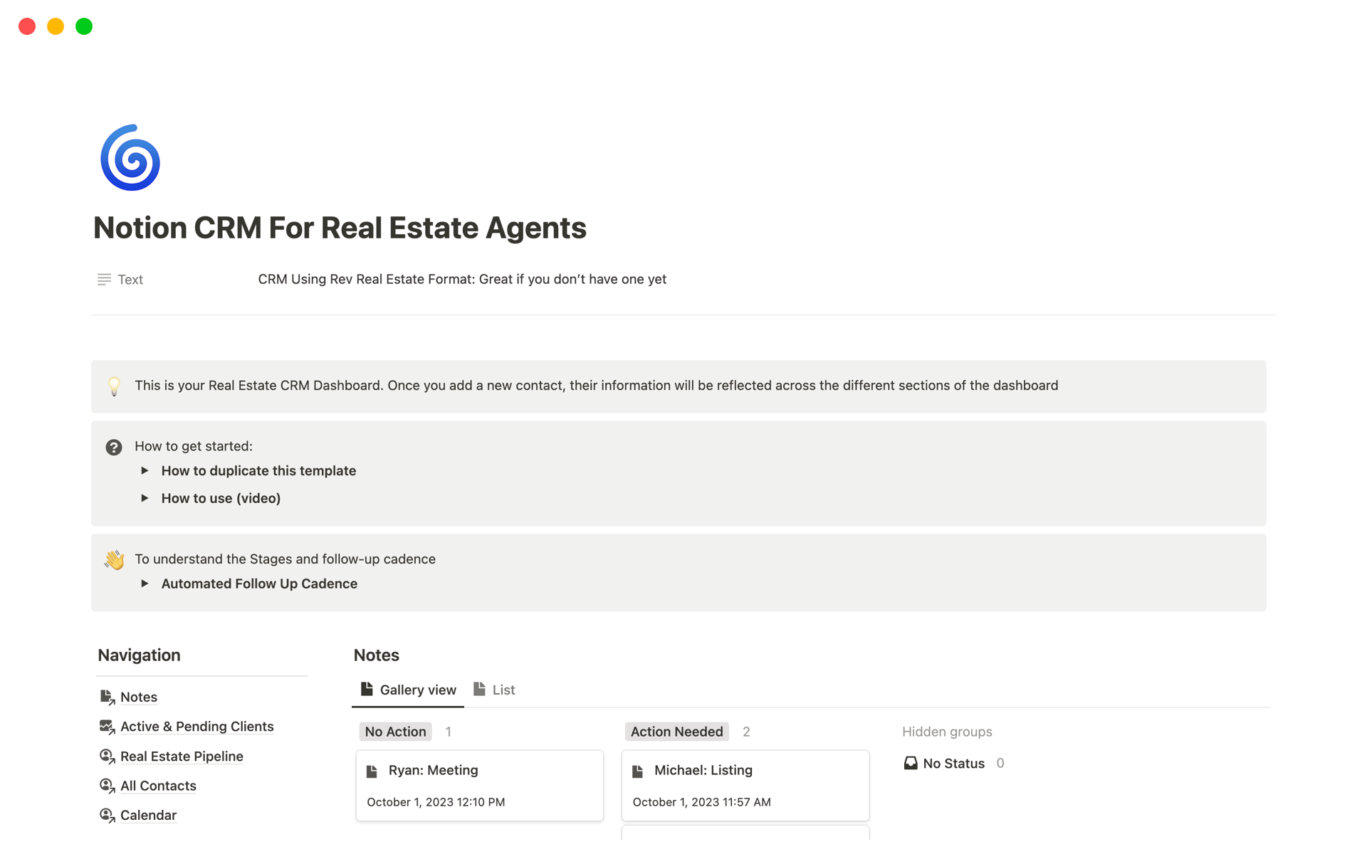 Vista previa de una plantilla para CRM For Real Estate Agents