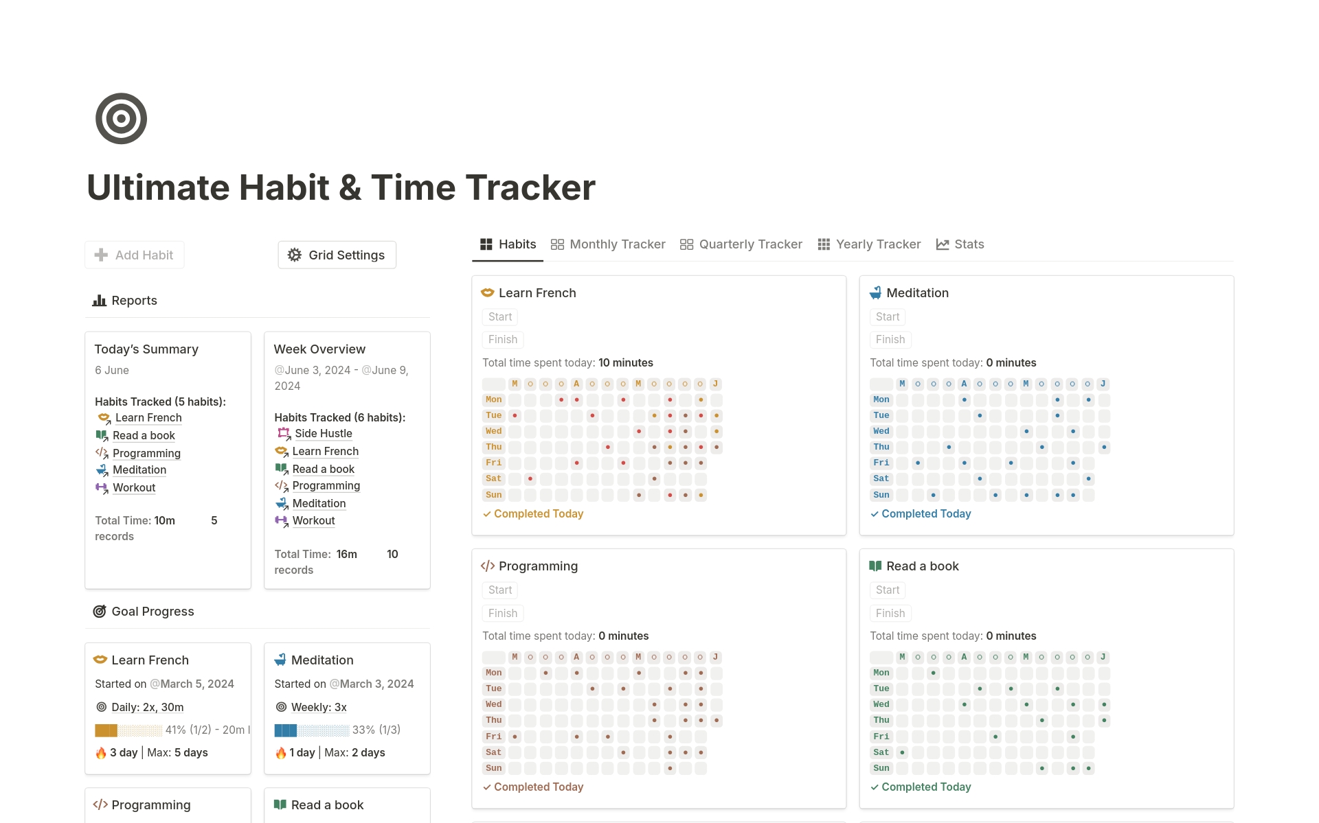 Track your habits and time easily with our unique Heatmap Grid! One-Click habit tracking to build a better you. Set goals, log your progress, and watch your streaks grow. No more excuses – start building the life you want, one click at a time.