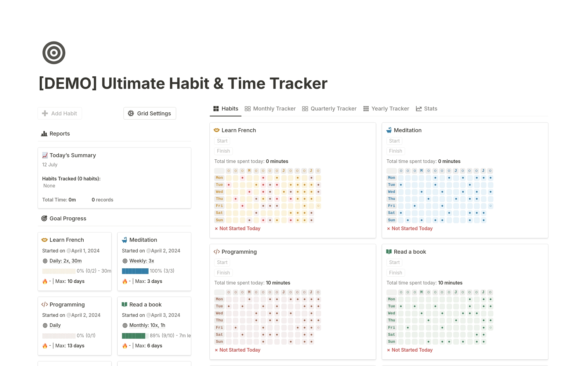 En forhåndsvisning av mal for Habit and Time Tracker (Heatmap Chart)