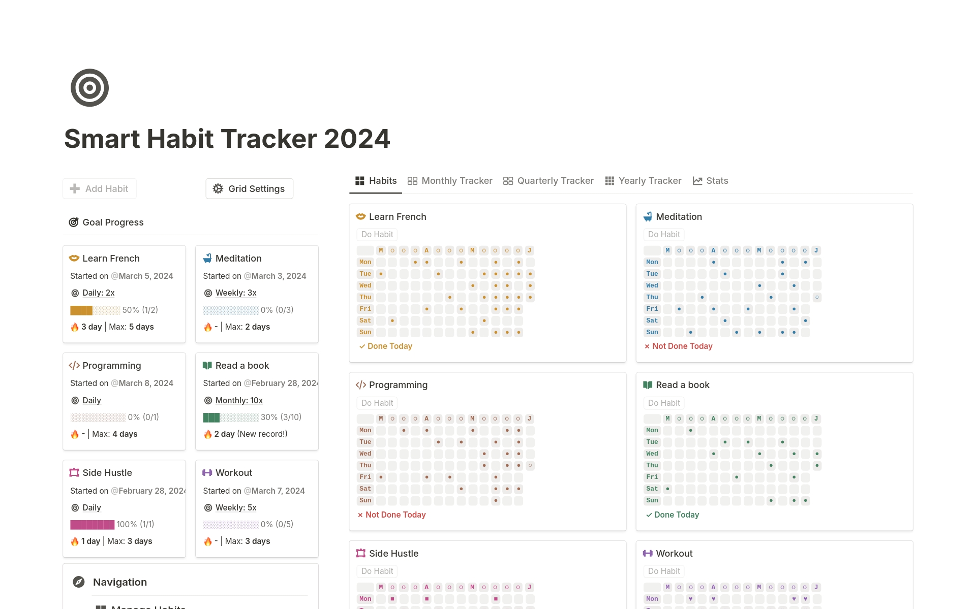 Vista previa de una plantilla para Smart Habit Tracker 2024